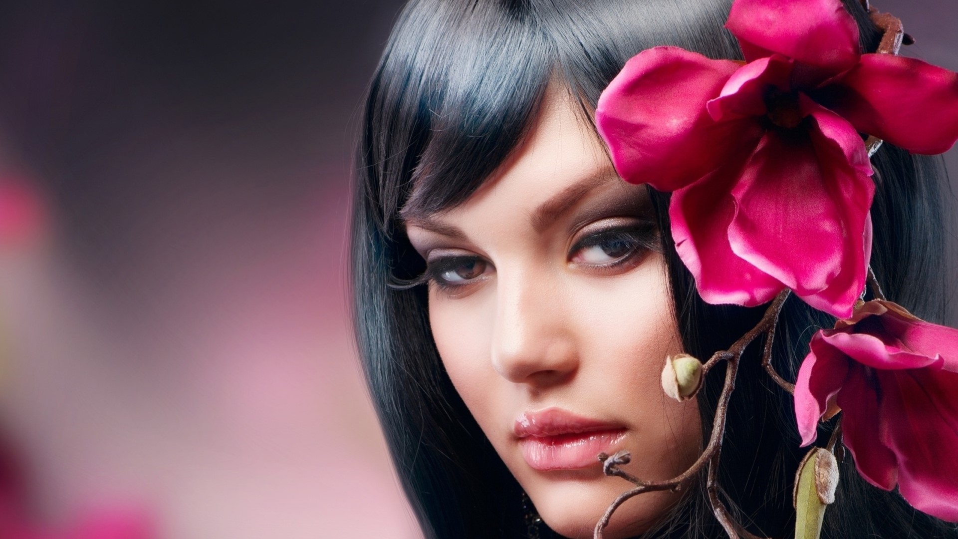 Woman with pink flowers HD Wallpaper