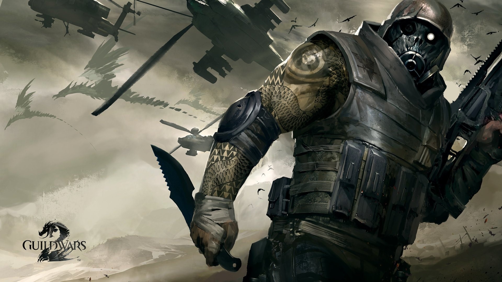 Soldier with gas mask and dragons in Guild Wars 2 HD Wallpaper