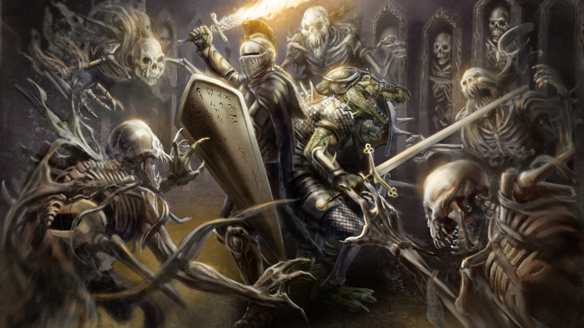 Knight and Lizardman fighting skeletons HD Wallpaper