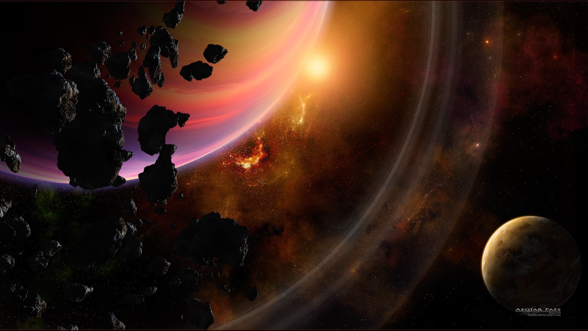 Space scene with planets and asteroids HD Wallpaper