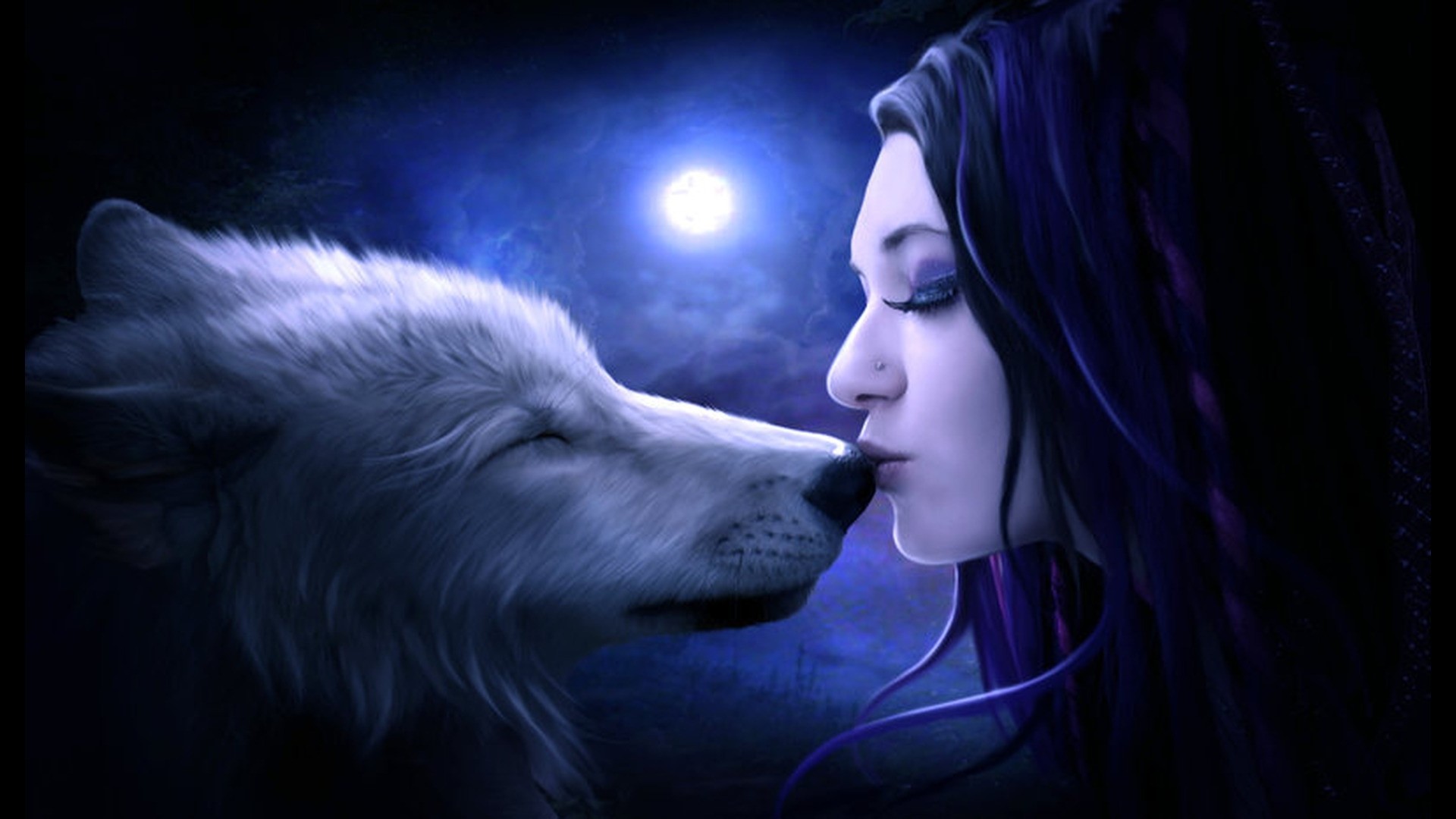 Woman kissing a wolf under the moon HD Wallpaper