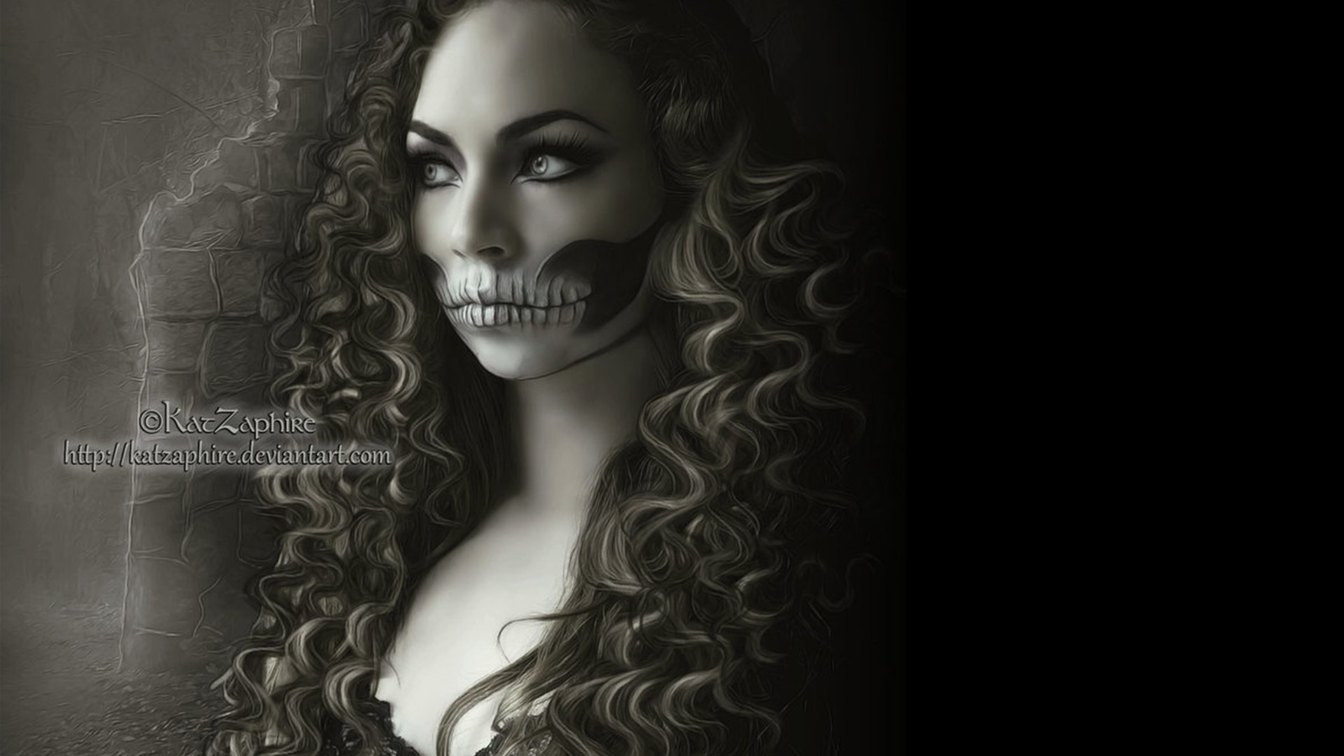 Woman with skull face paint and curly hair HD Wallpaper