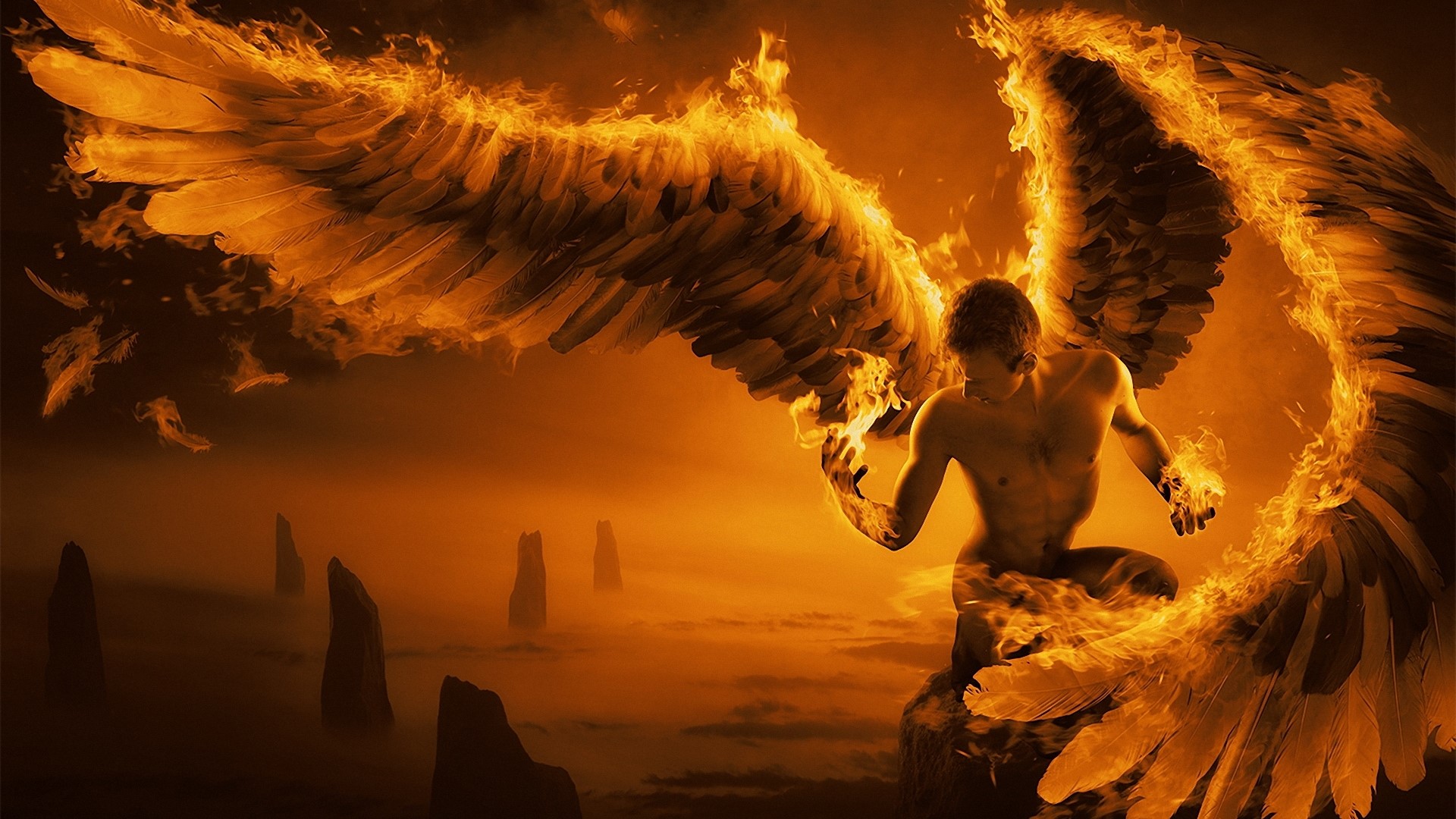 Angel with fiery wings HD Wallpaper