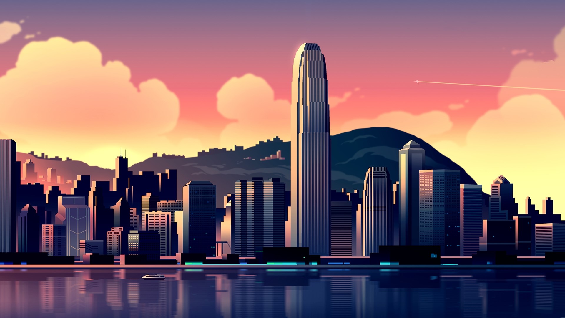 Stylized Cityscape at Sunset HD Wallpaper