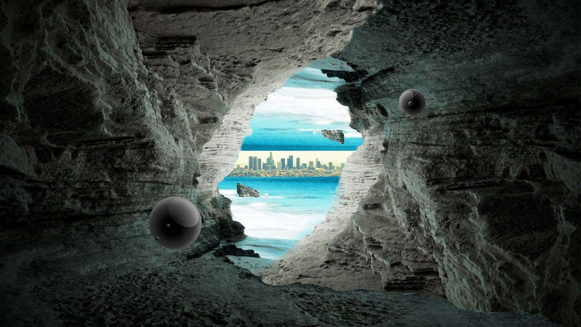 Cave opening to a city skyline by the ocean HD Wallpaper