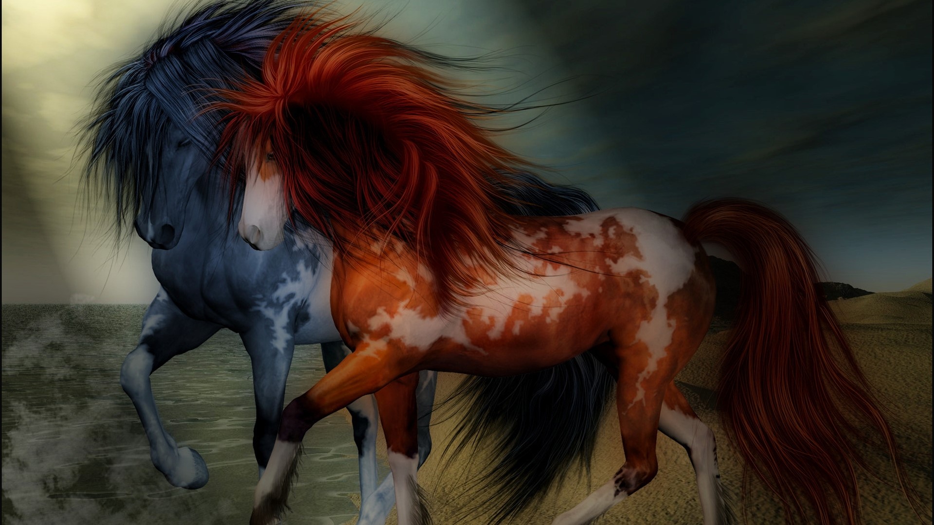Two horses, one blue and one brown and white, running HD Wallpaper