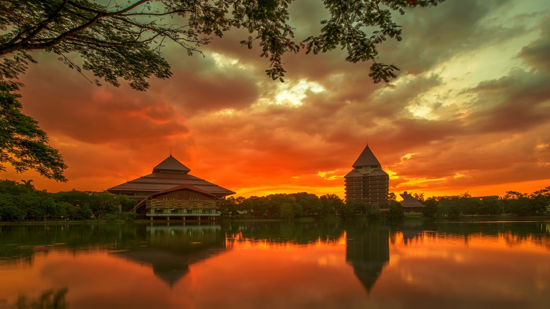 Sunset over lake with buildings and trees HD Wallpaper