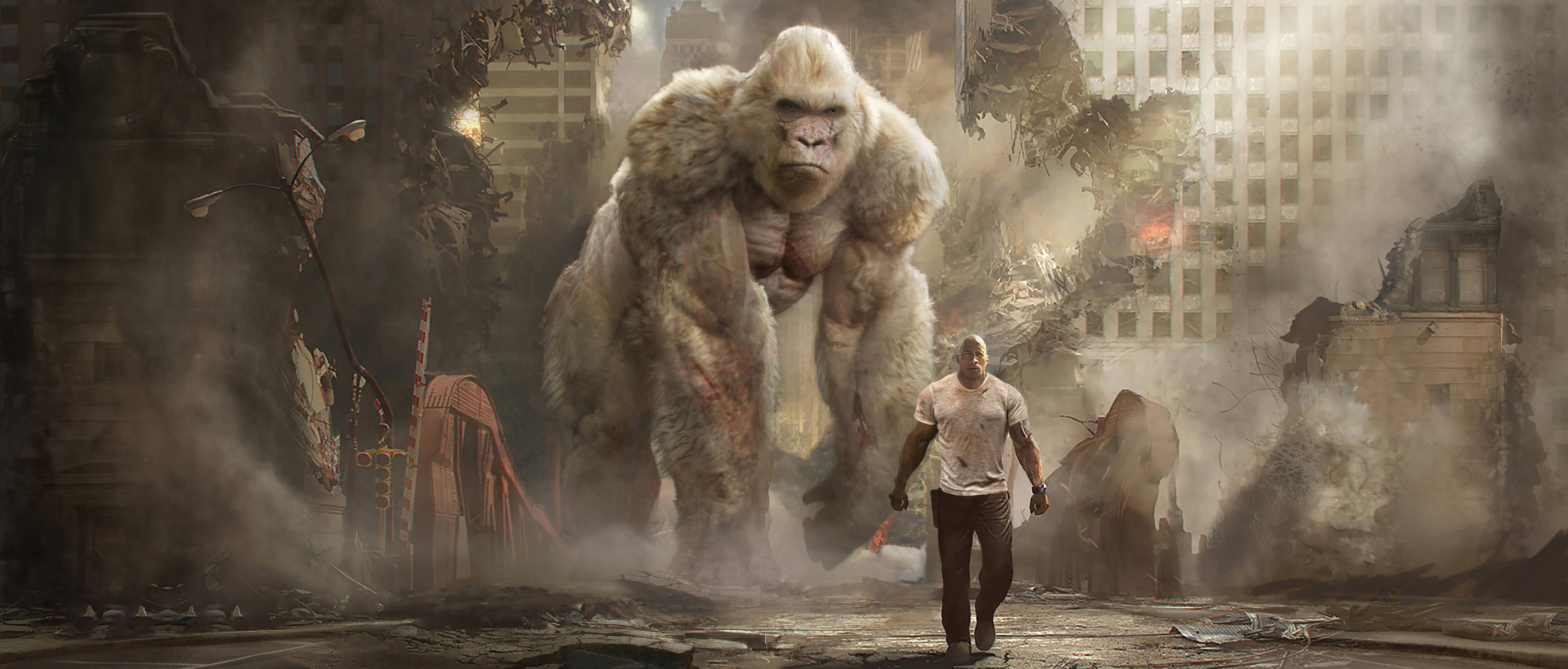 George the albino gorilla and Dwayne Johnson in Rampage HD Wallpaper