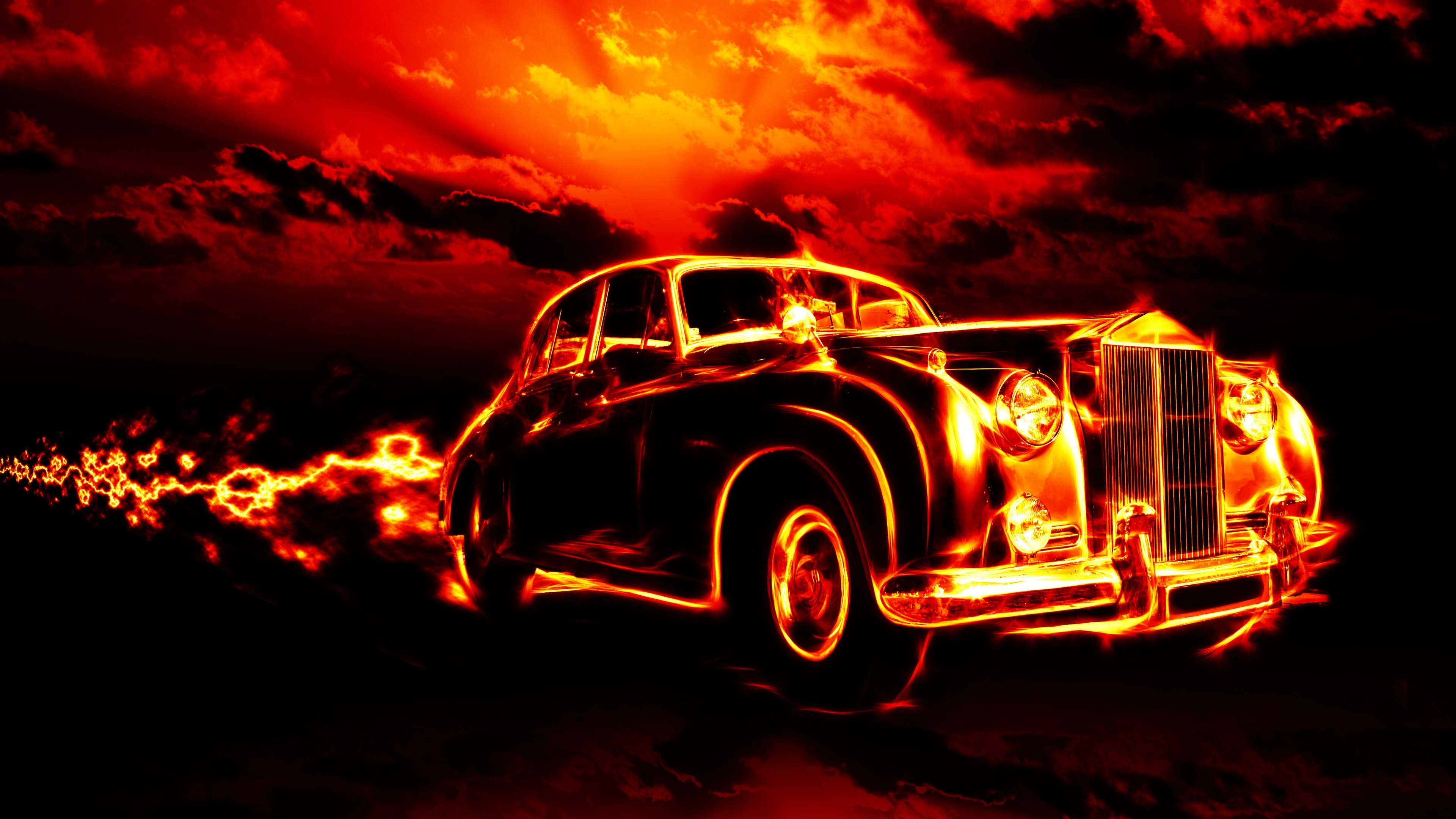 4K Classic Car on Fire HD Wallpaper