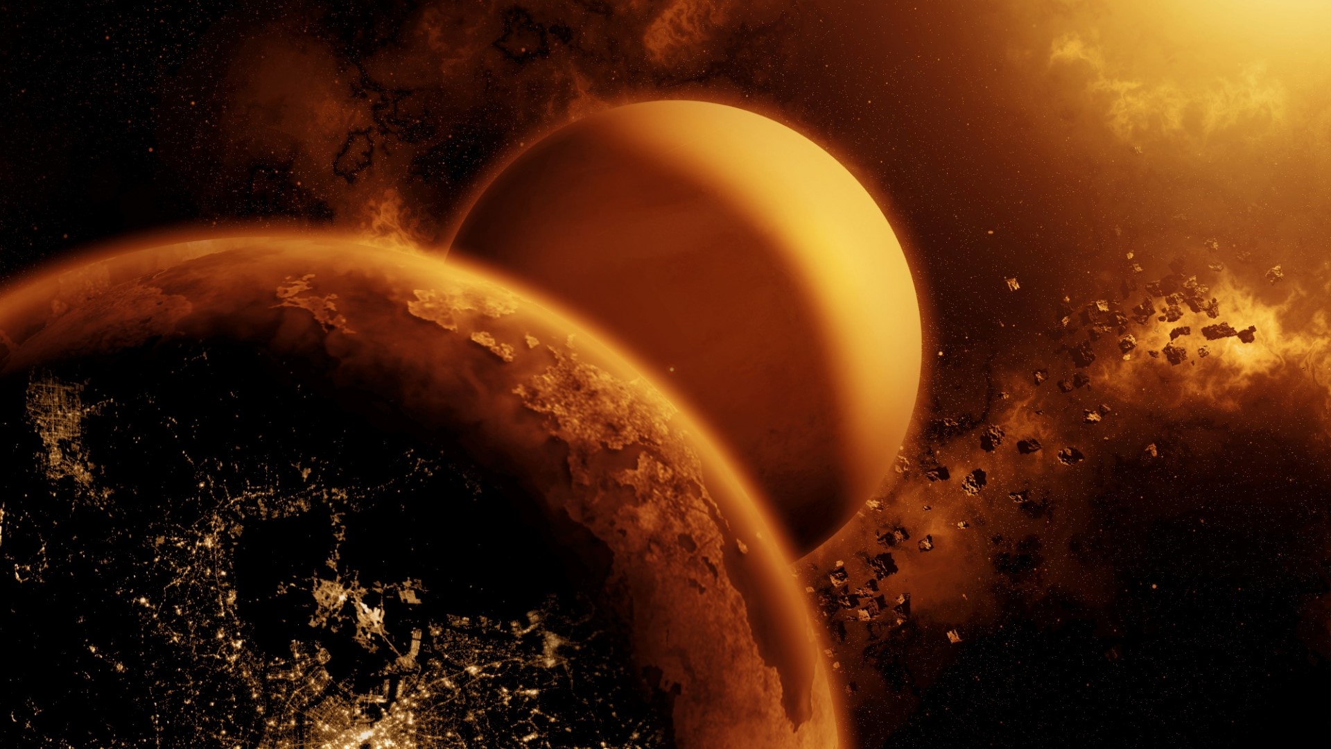 Two planets in space with asteroids and nebulae HD Wallpaper
