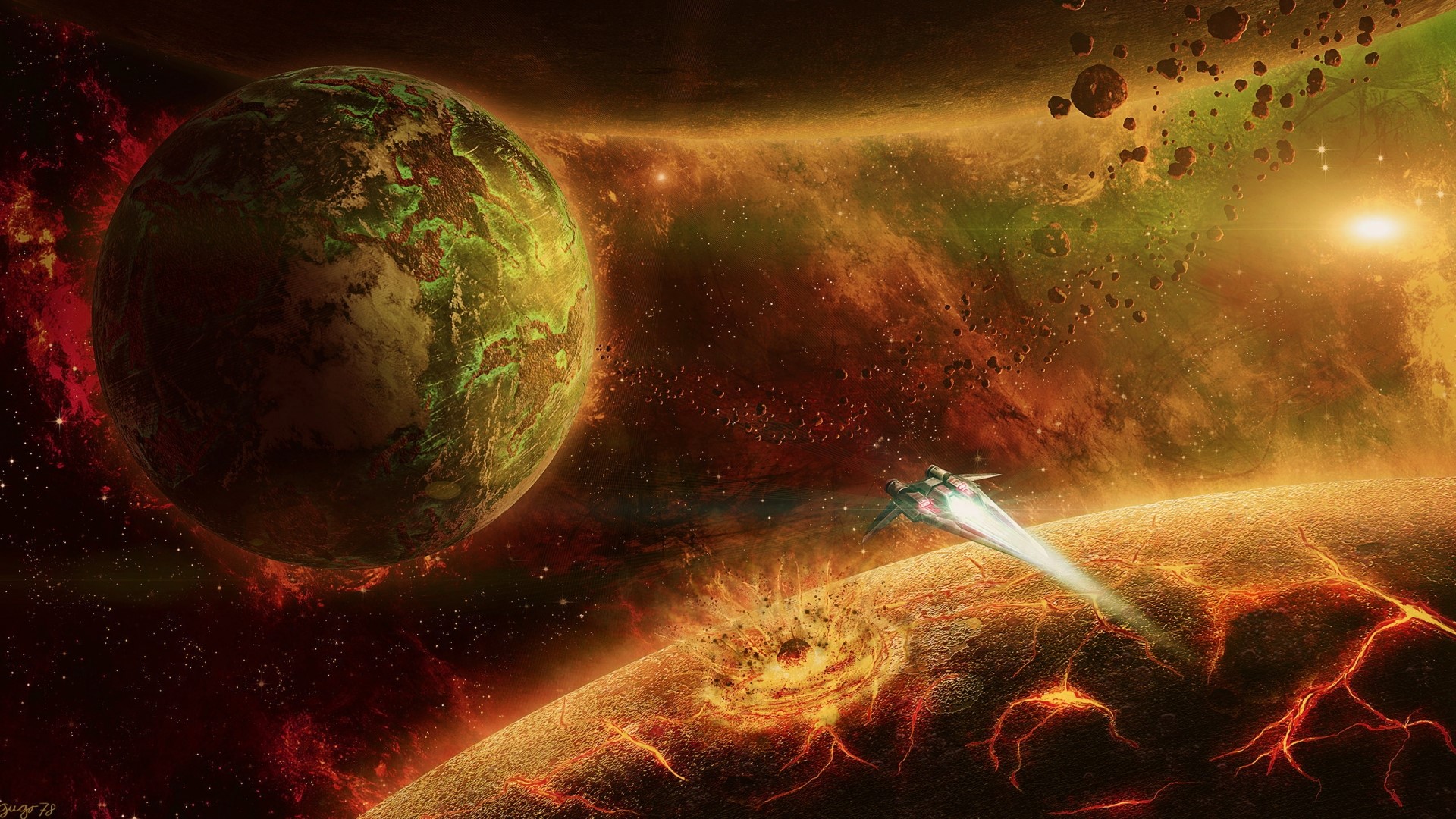 Spaceship near a damaged planet and a gas giant HD Wallpaper