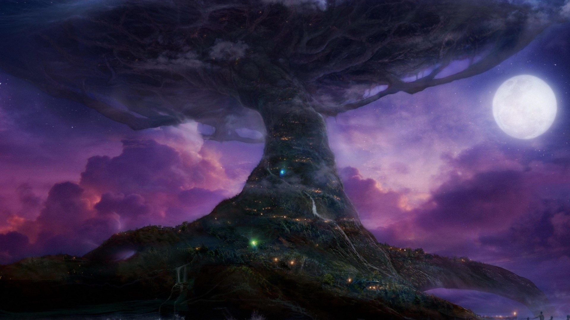Giant tree with a village and moon HD Wallpaper