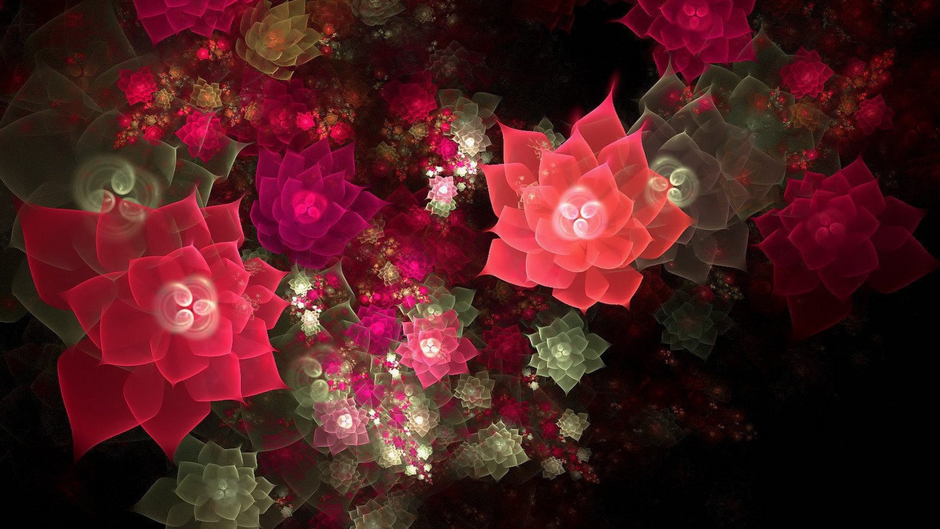Fractal flowers in red, pink, and green hues HD Wallpaper