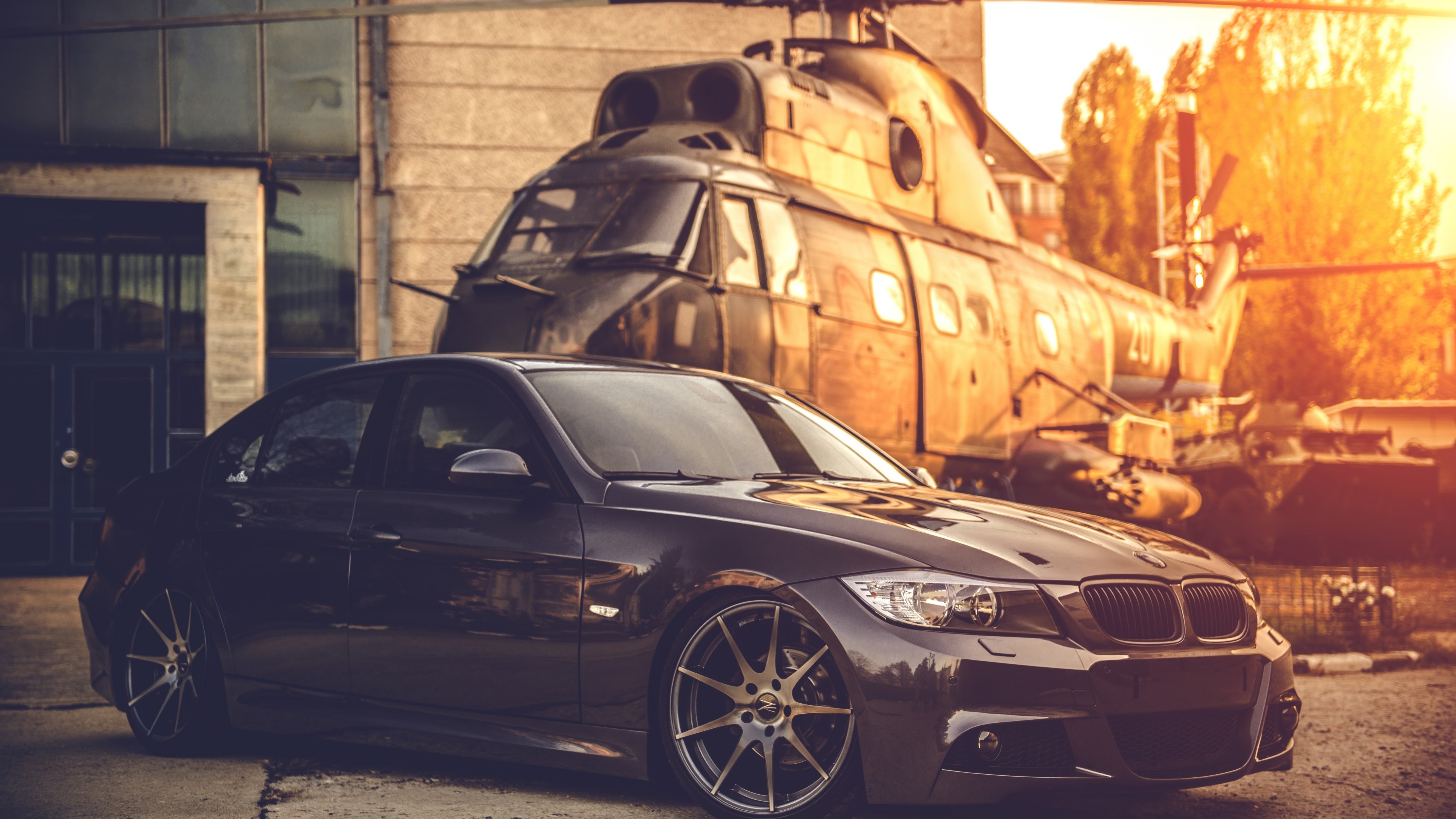 4K BMW E92 and Helicopter HD Wallpaper
