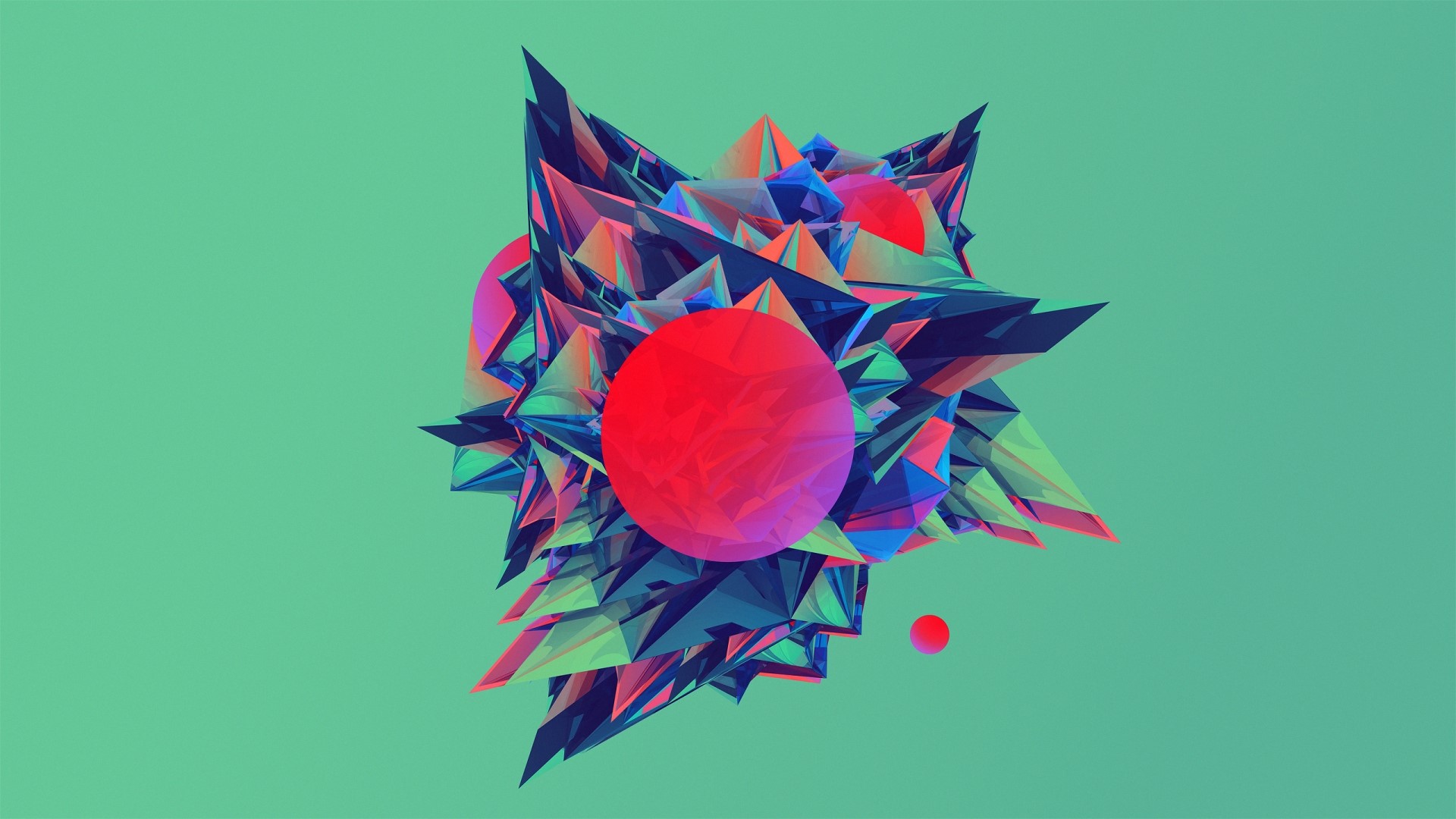 Abstract geometric sculpture with red spheres HD Wallpaper