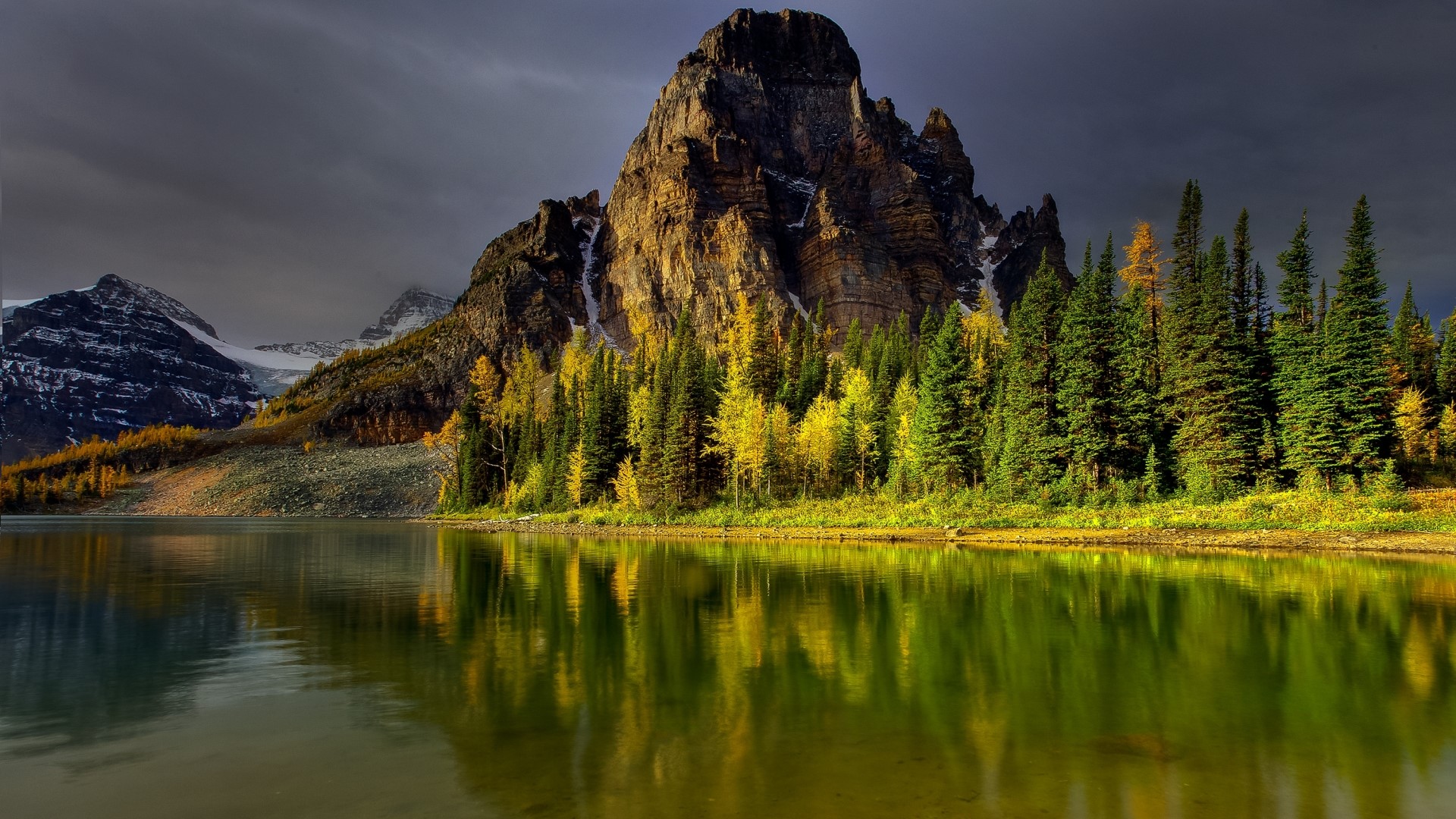 Mountain lake with autumn trees and reflection HD Wallpaper