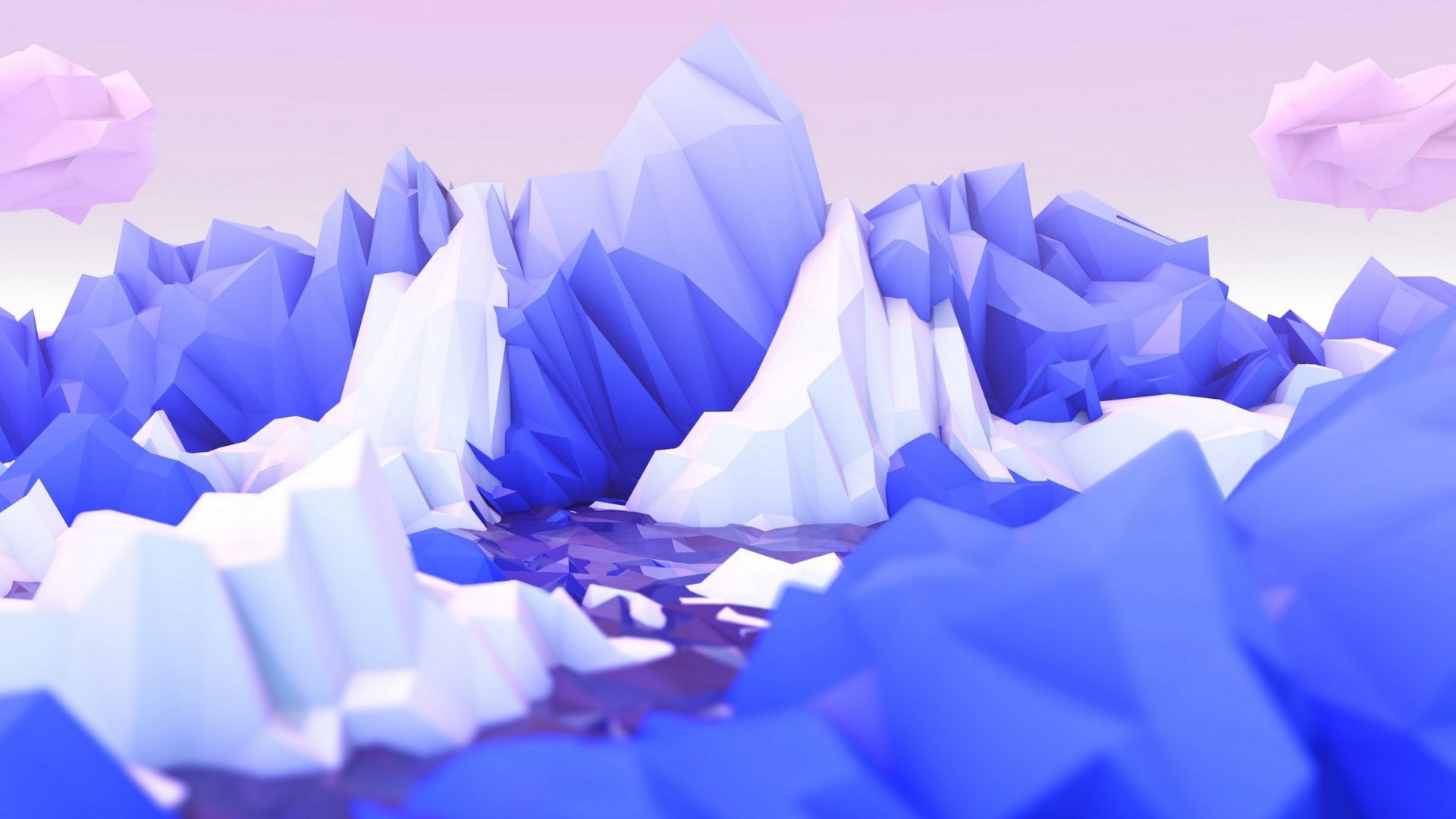 Low Poly Blue and White Mountain Landscape with Pink Clouds HD Wallpaper