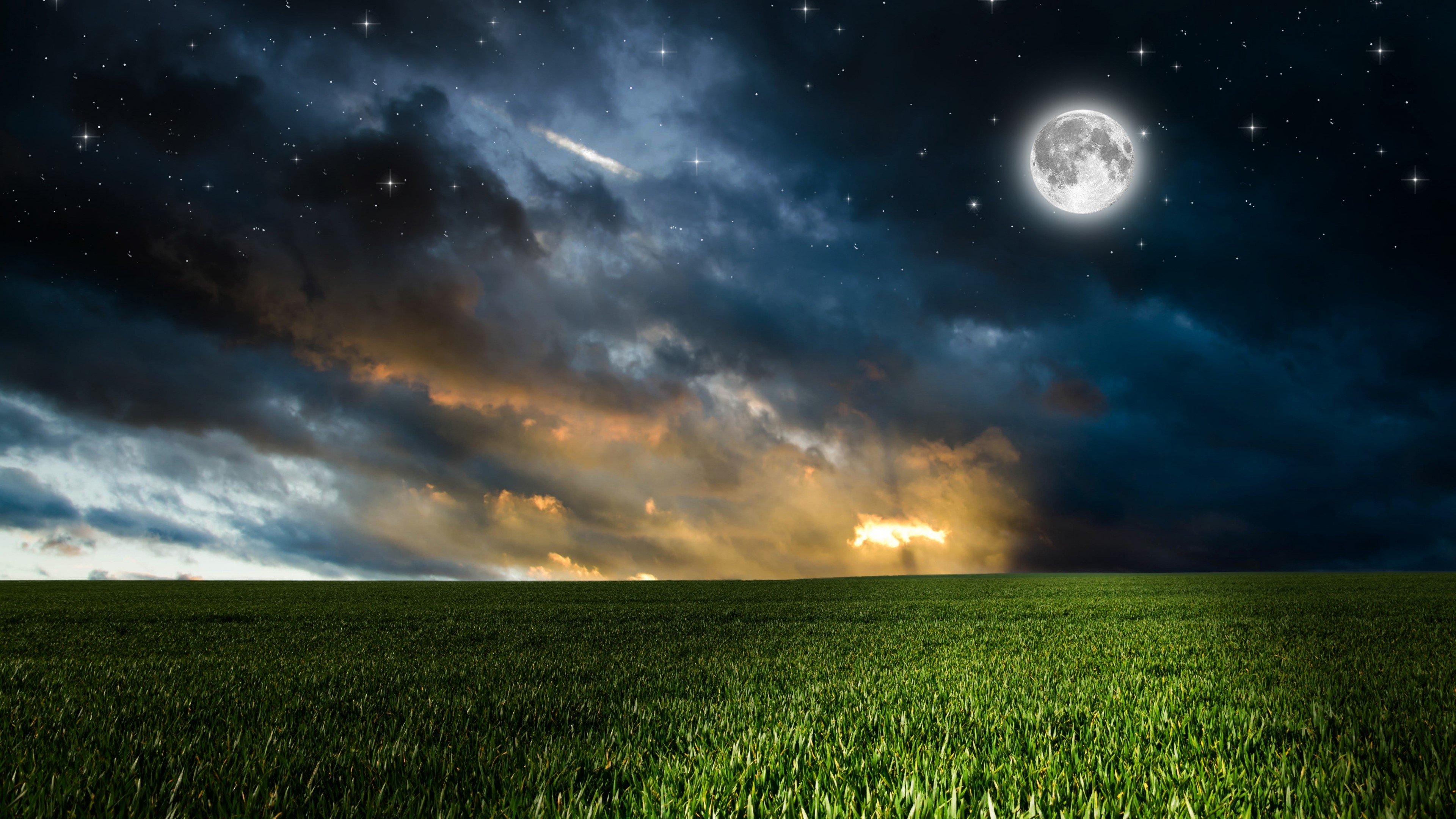 4K Moon over a grassy field at night HD Wallpaper