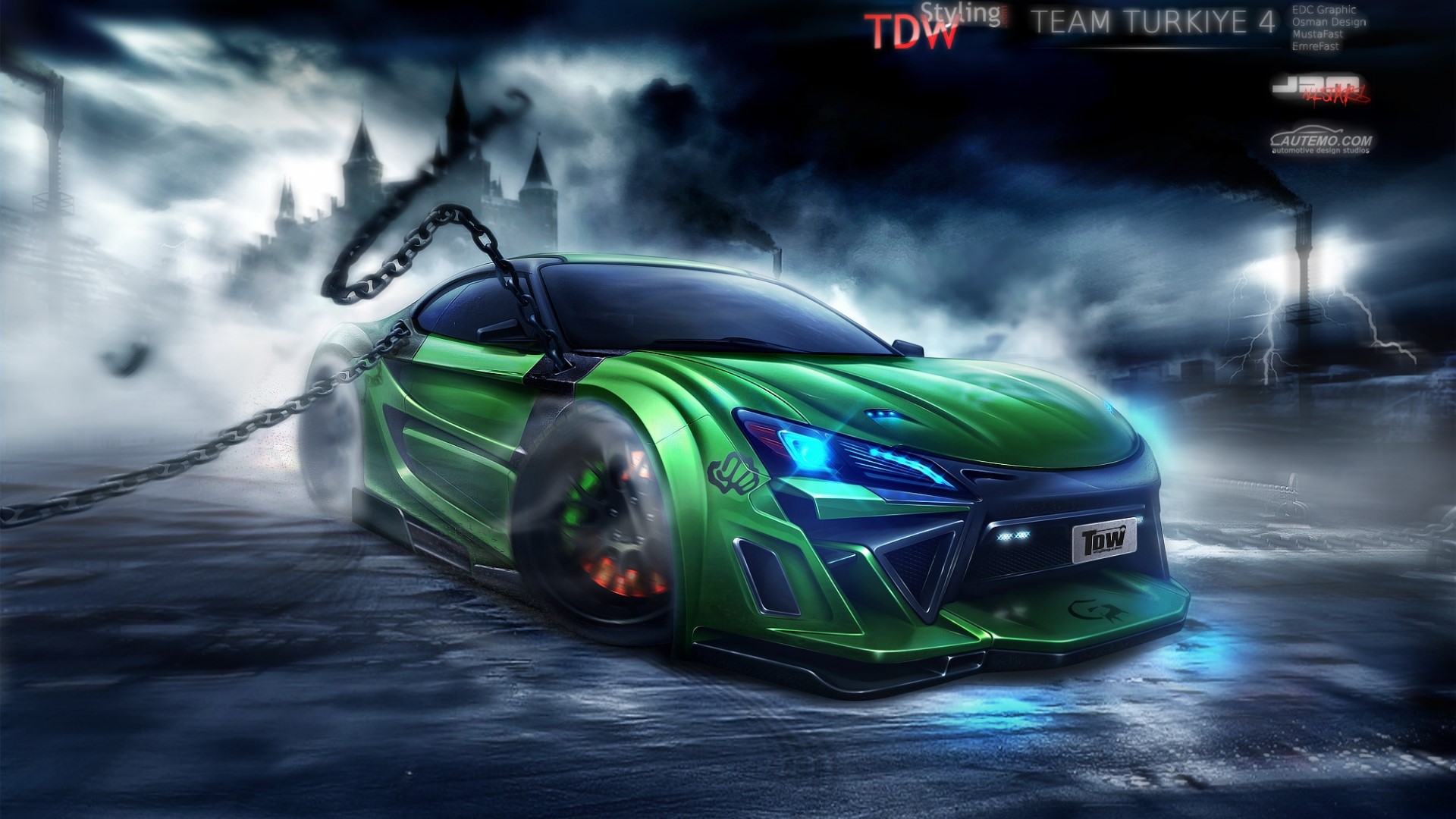 Green sports car with chains and stormy background HD Wallpaper