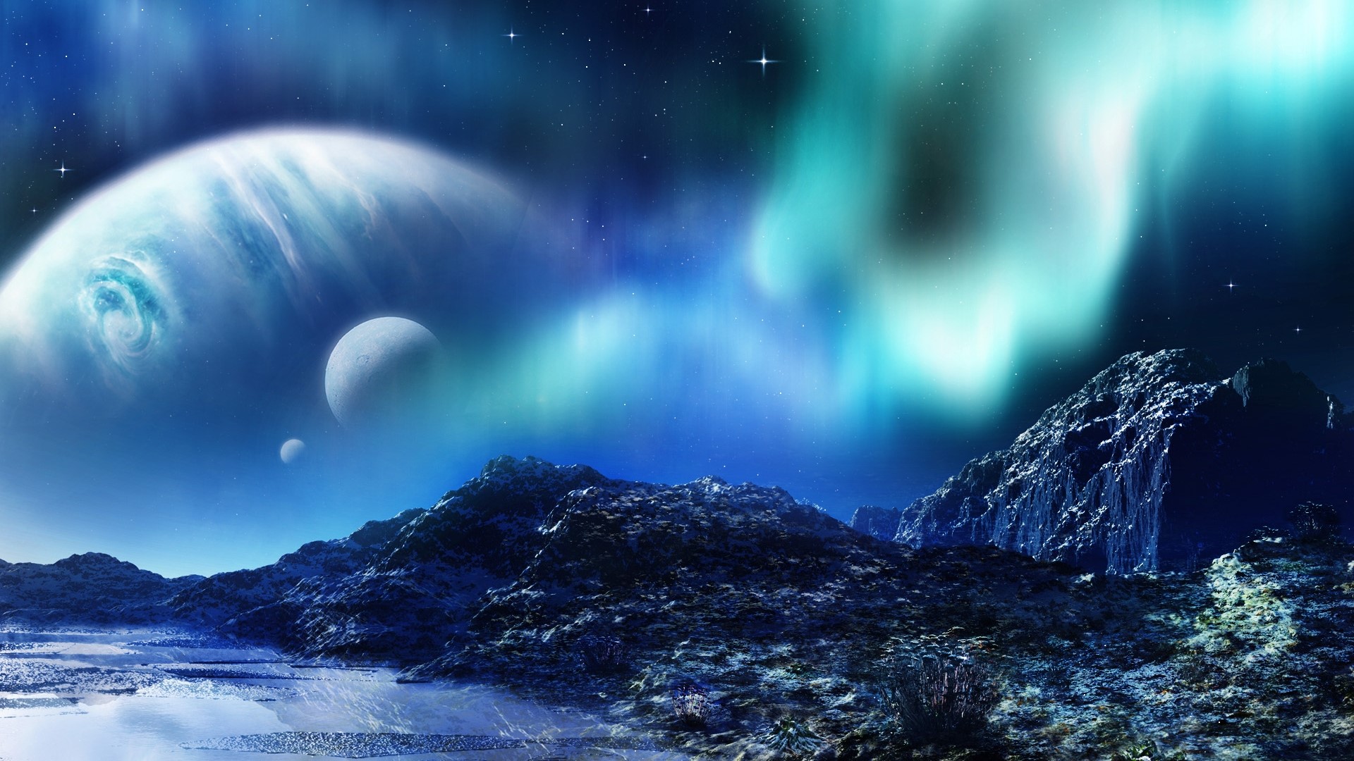 Alien Planet with Aurora and Moons HD Wallpaper