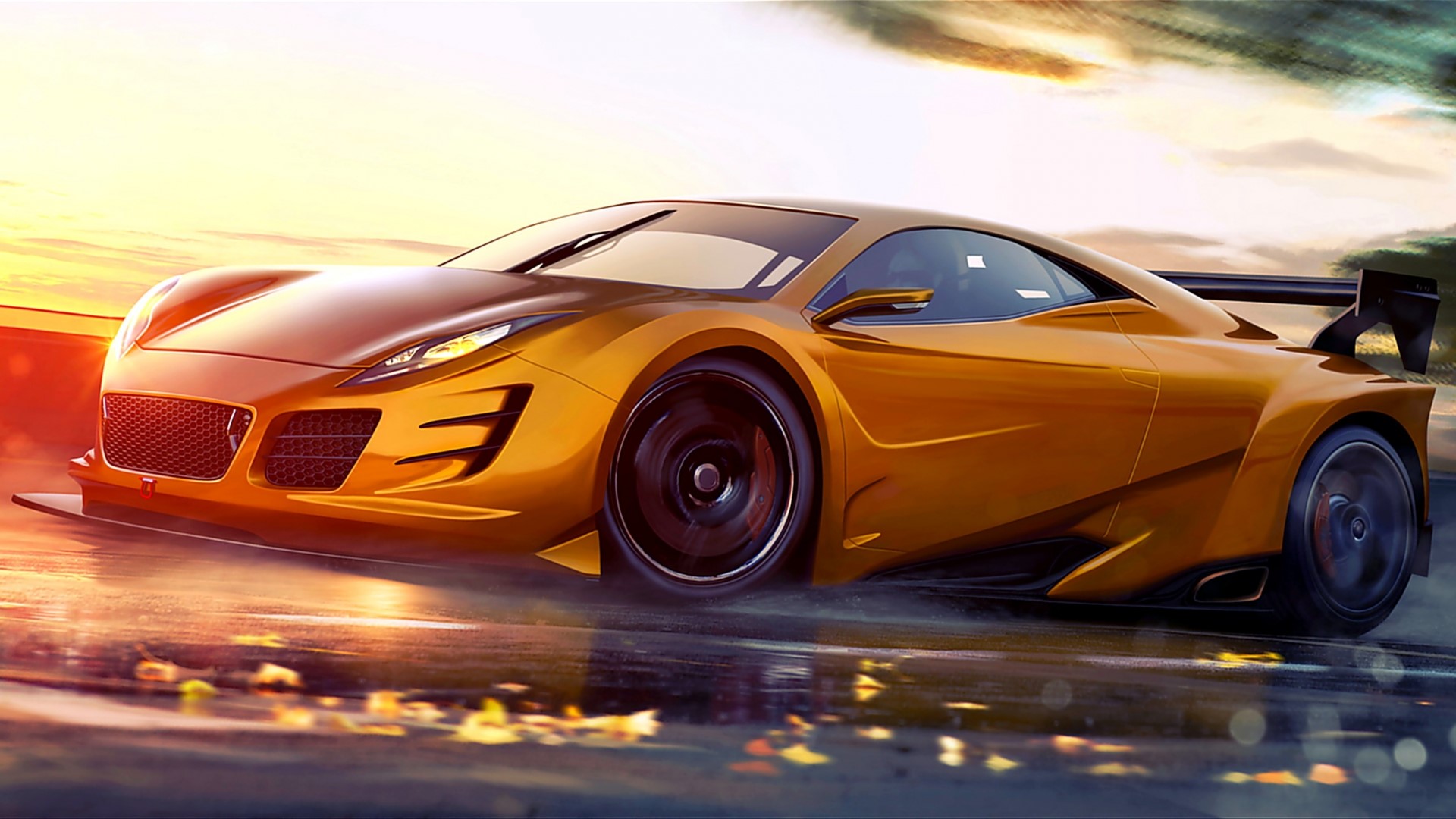 Golden McLaren GT sports car on wet road HD Wallpaper