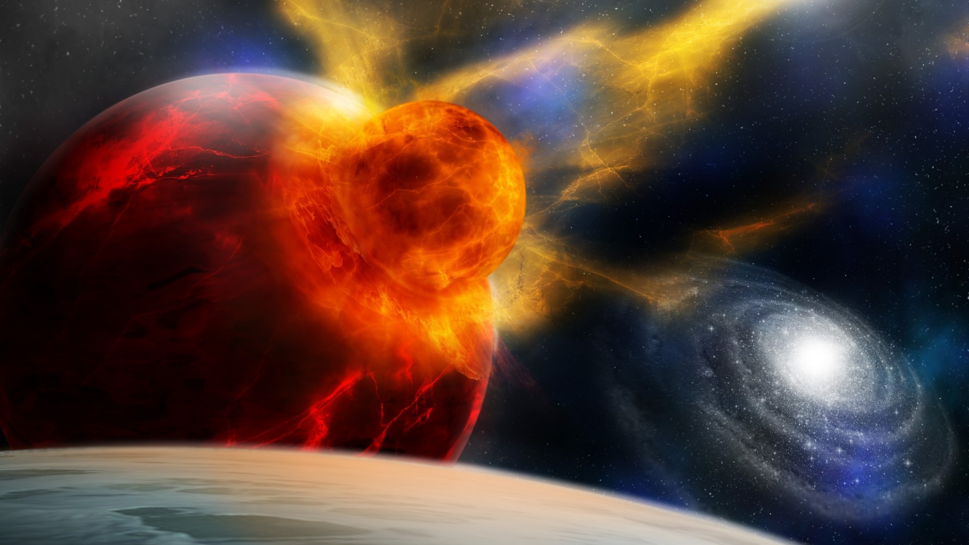 Planetary collision with galaxy in background HD Wallpaper