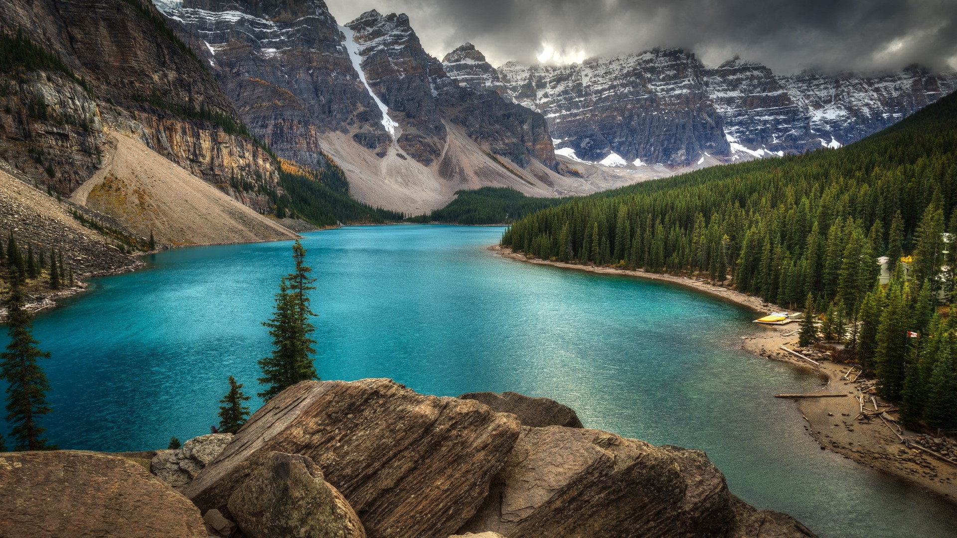 Moraine Lake with Mountains and Forest HD Wallpaper