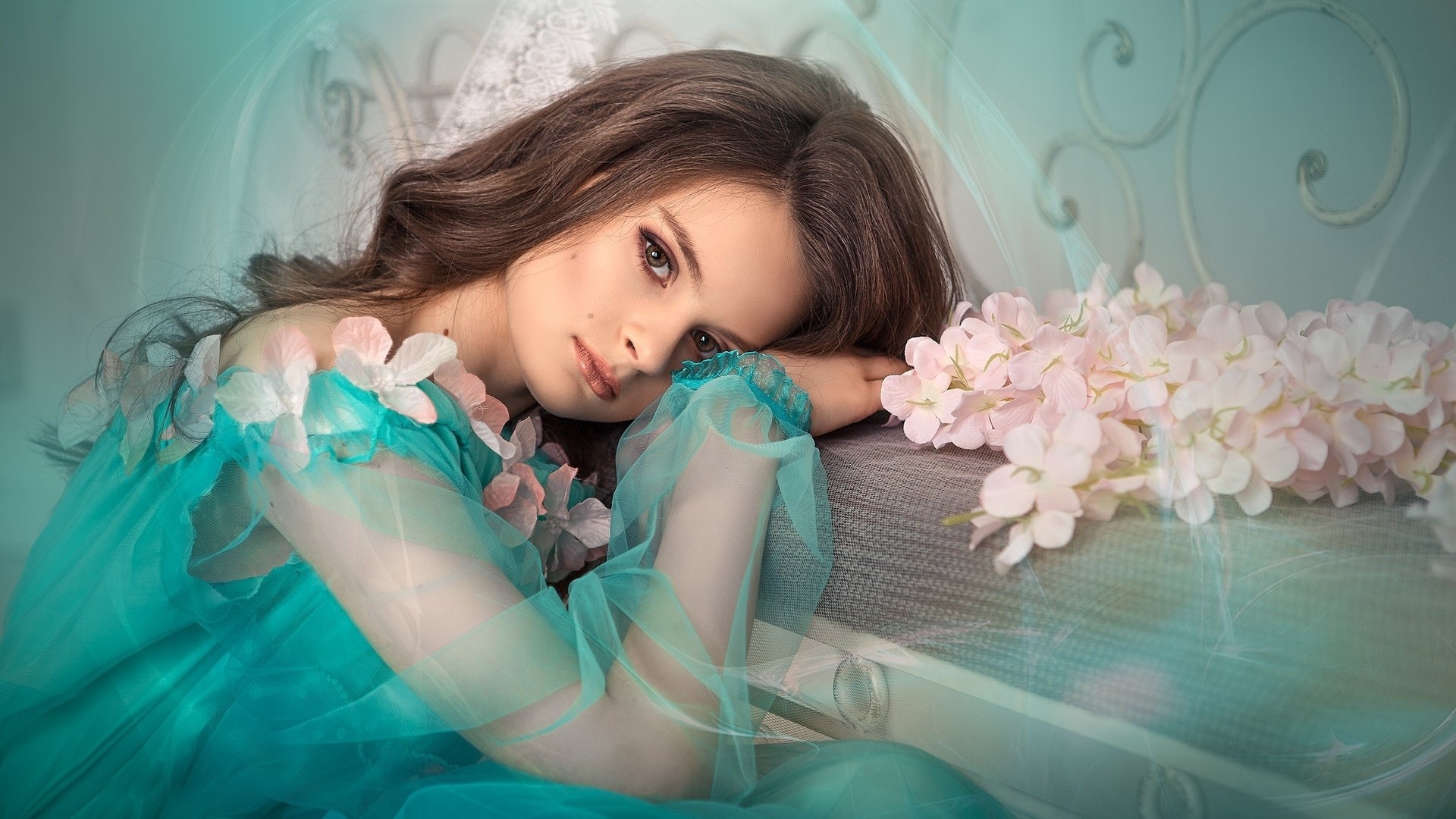 Girl in a turquoise dress with flowers HD Wallpaper
