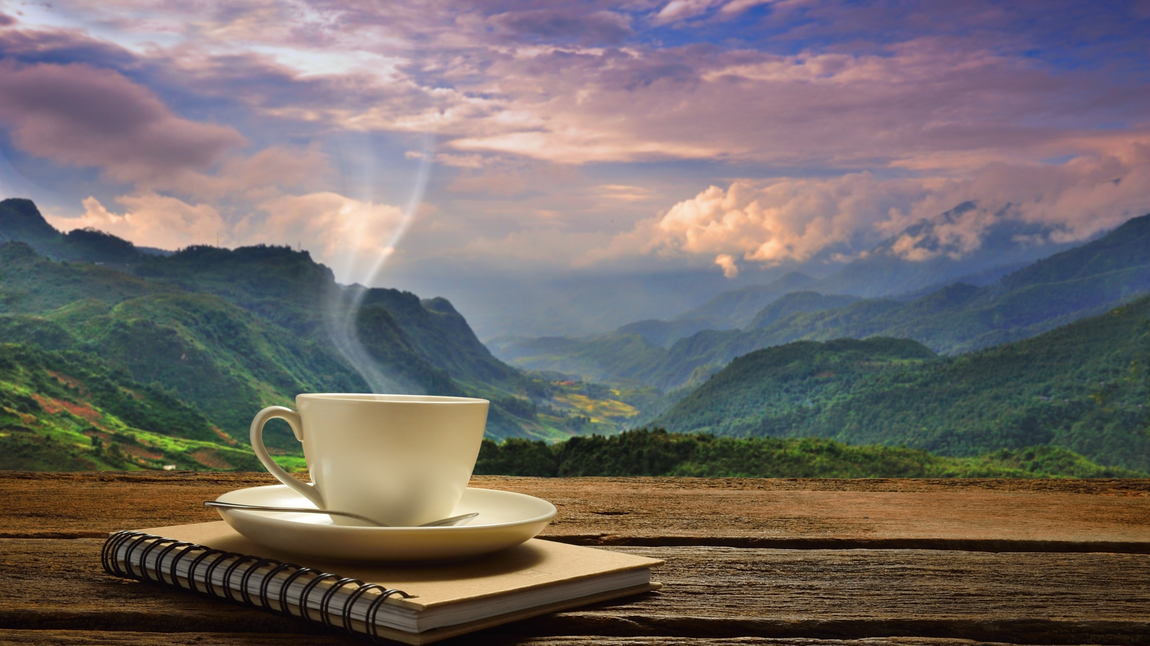 4K Morning Coffee with Mountain View HD Wallpaper