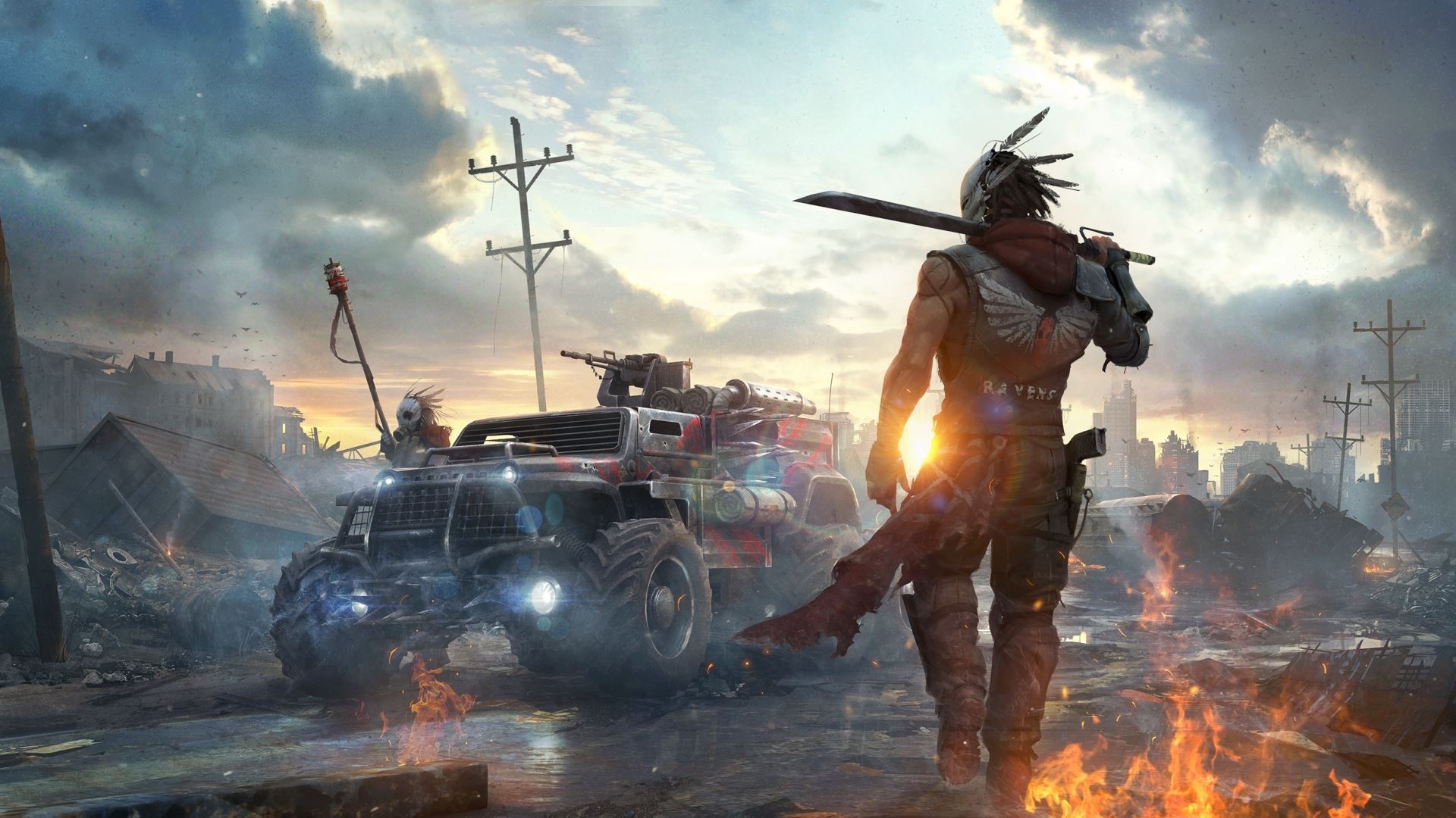 Post-apocalyptic warrior with sword and armored vehicle HD Wallpaper