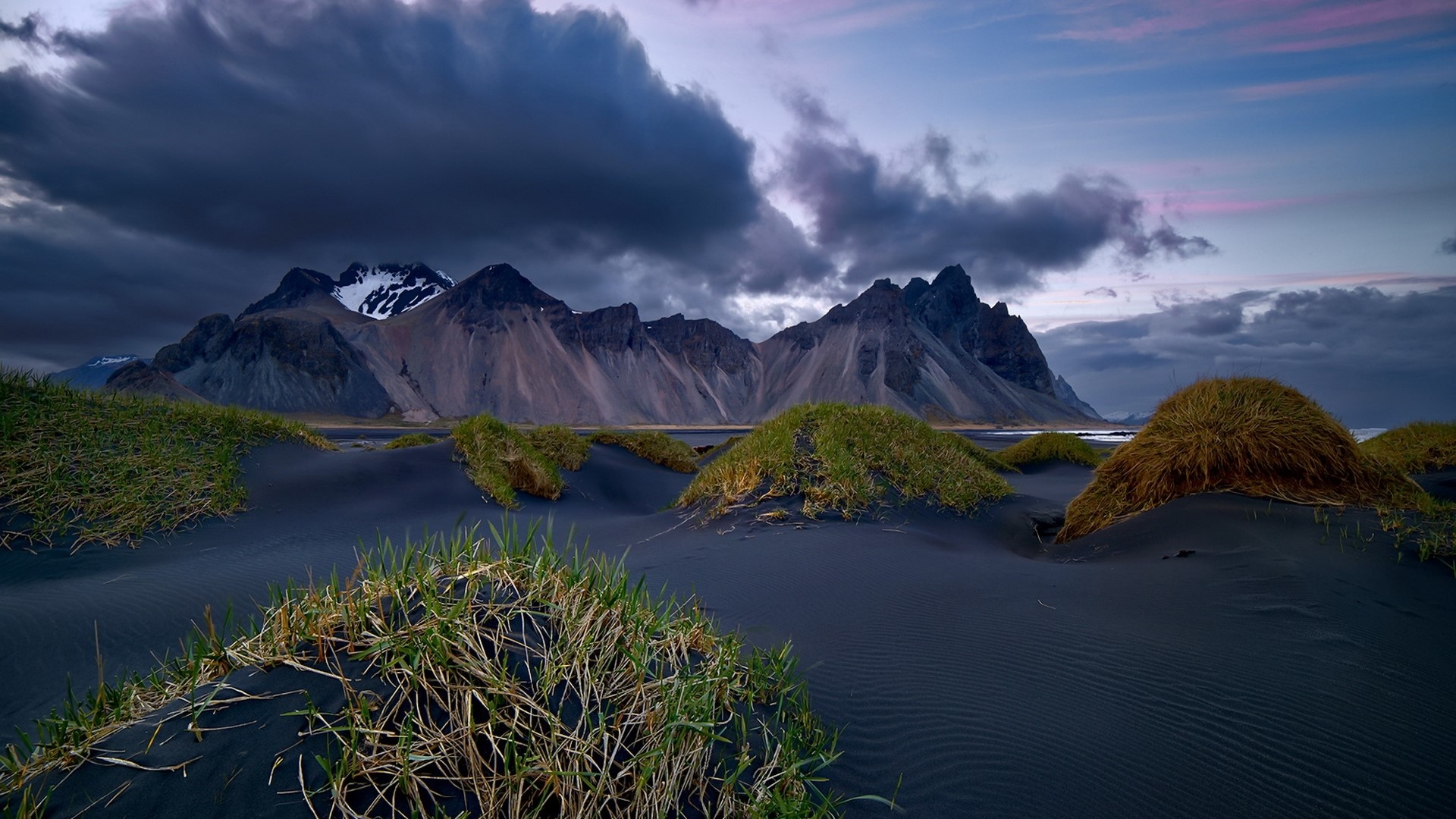 Black Sand Dunes and Mountains at Dusk HD Wallpaper