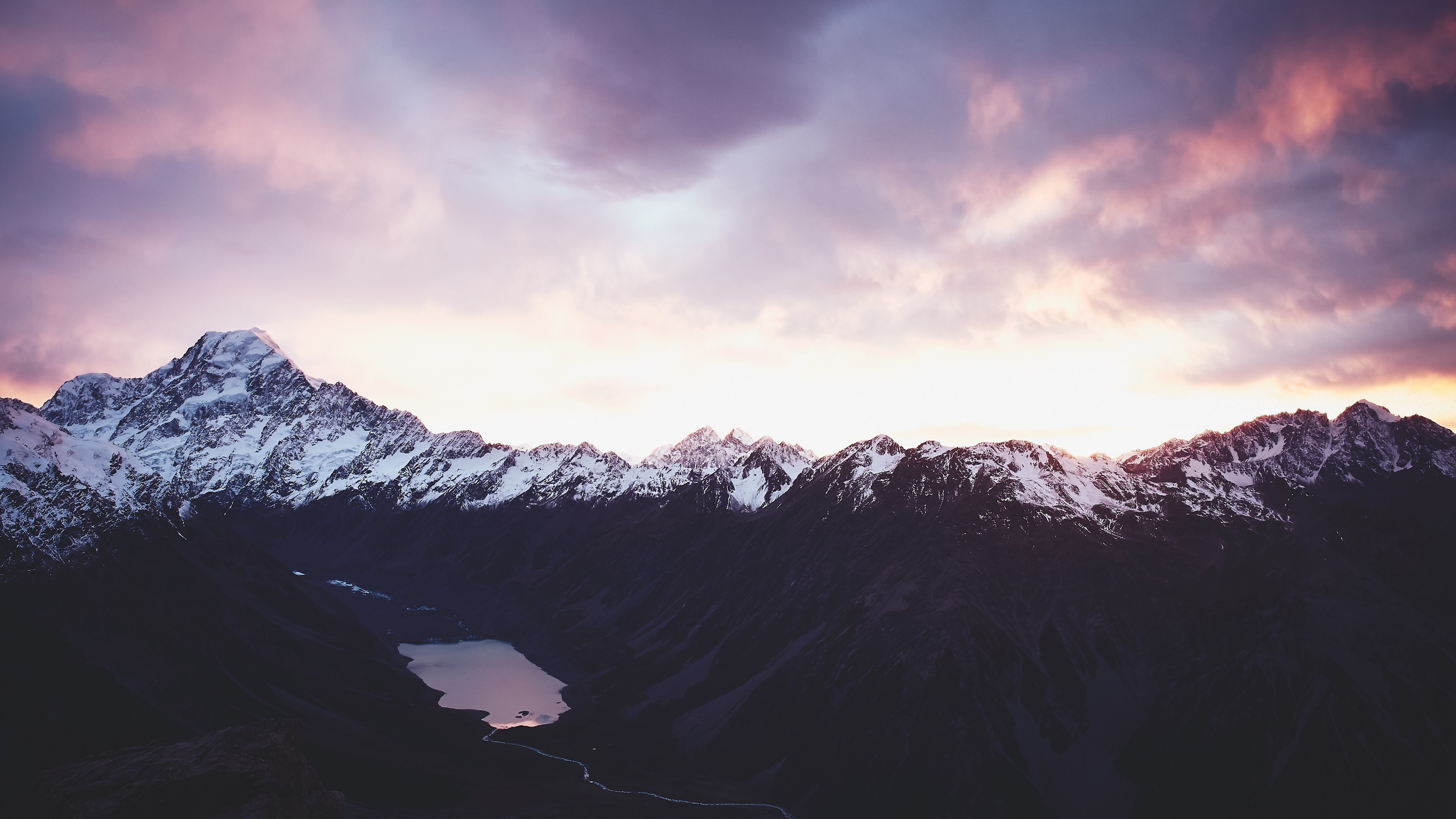 4K Snowy Mountains and Lake at Sunset HD Wallpaper