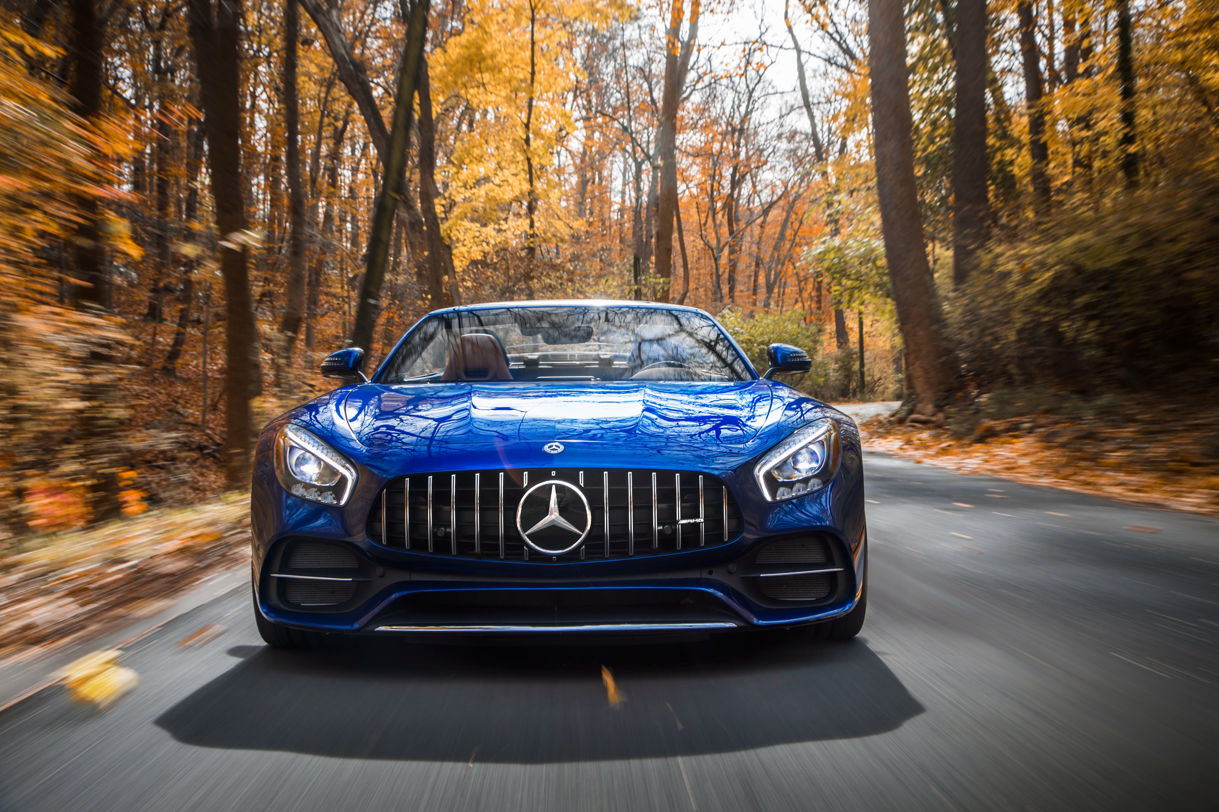 Blue 2018 Mercedes-AMG GT C Roadster driving in autumn forest HD Wallpaper