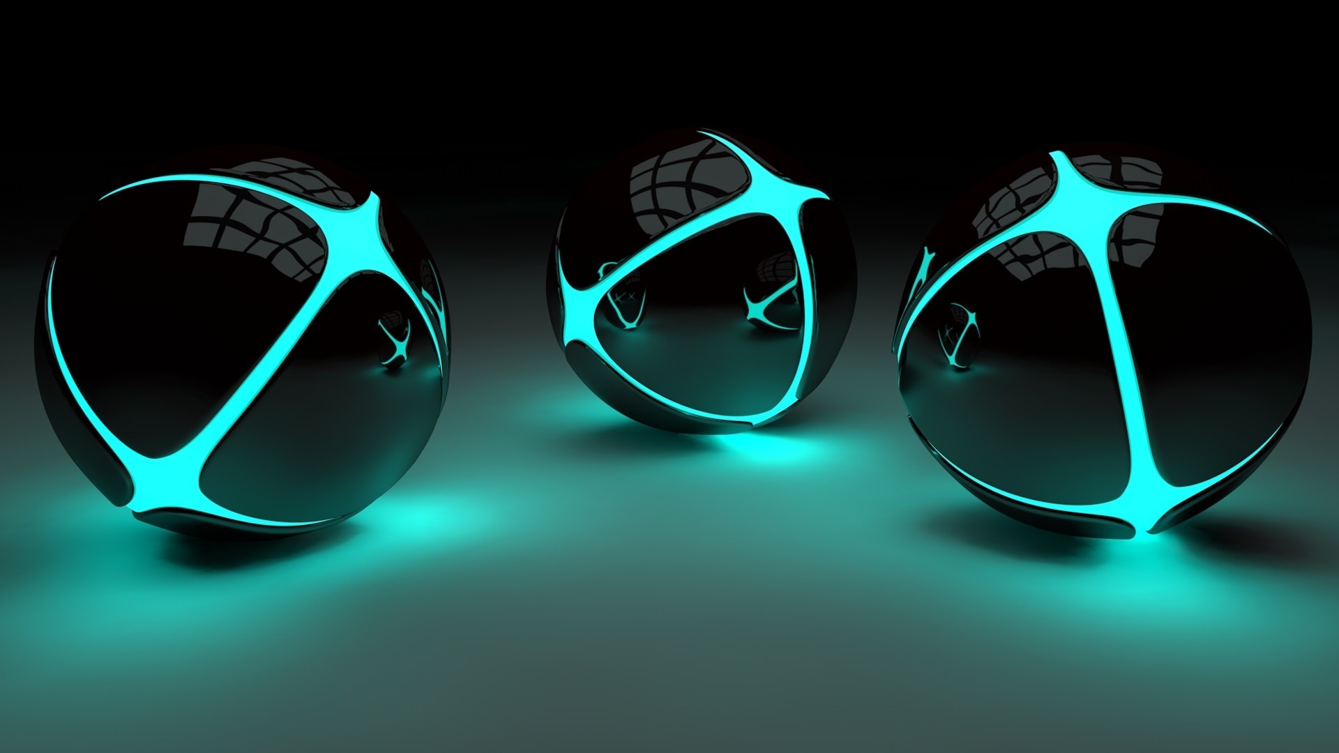 Three glowing black spheres with cyan patterns HD Wallpaper