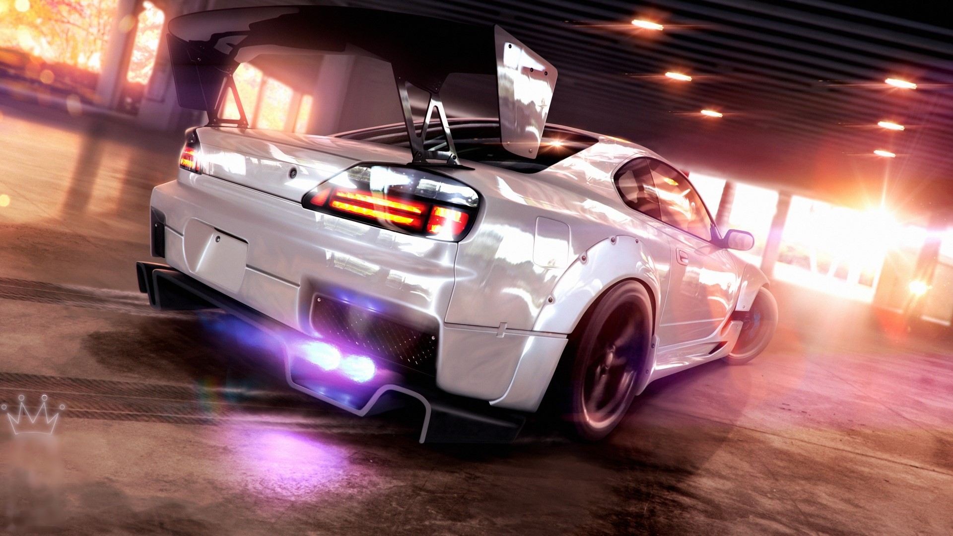 White Nissan Silvia with large spoiler and exhaust flames HD Wallpaper