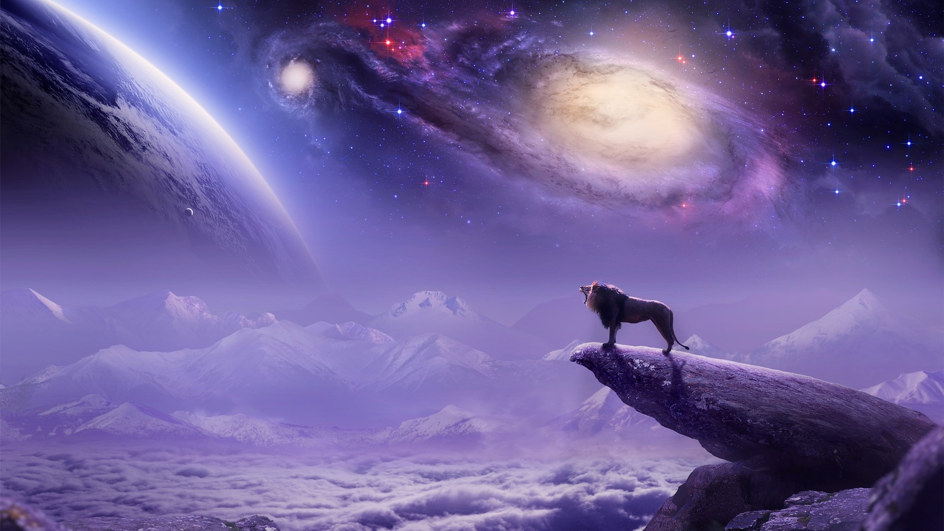 Lion on a cliff overlooking a fantasy landscape with planets and galaxies HD Wallpaper