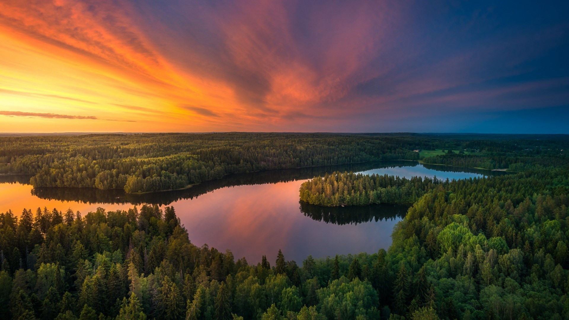 Aerial view of a lake and forest at sunset HD Wallpaper