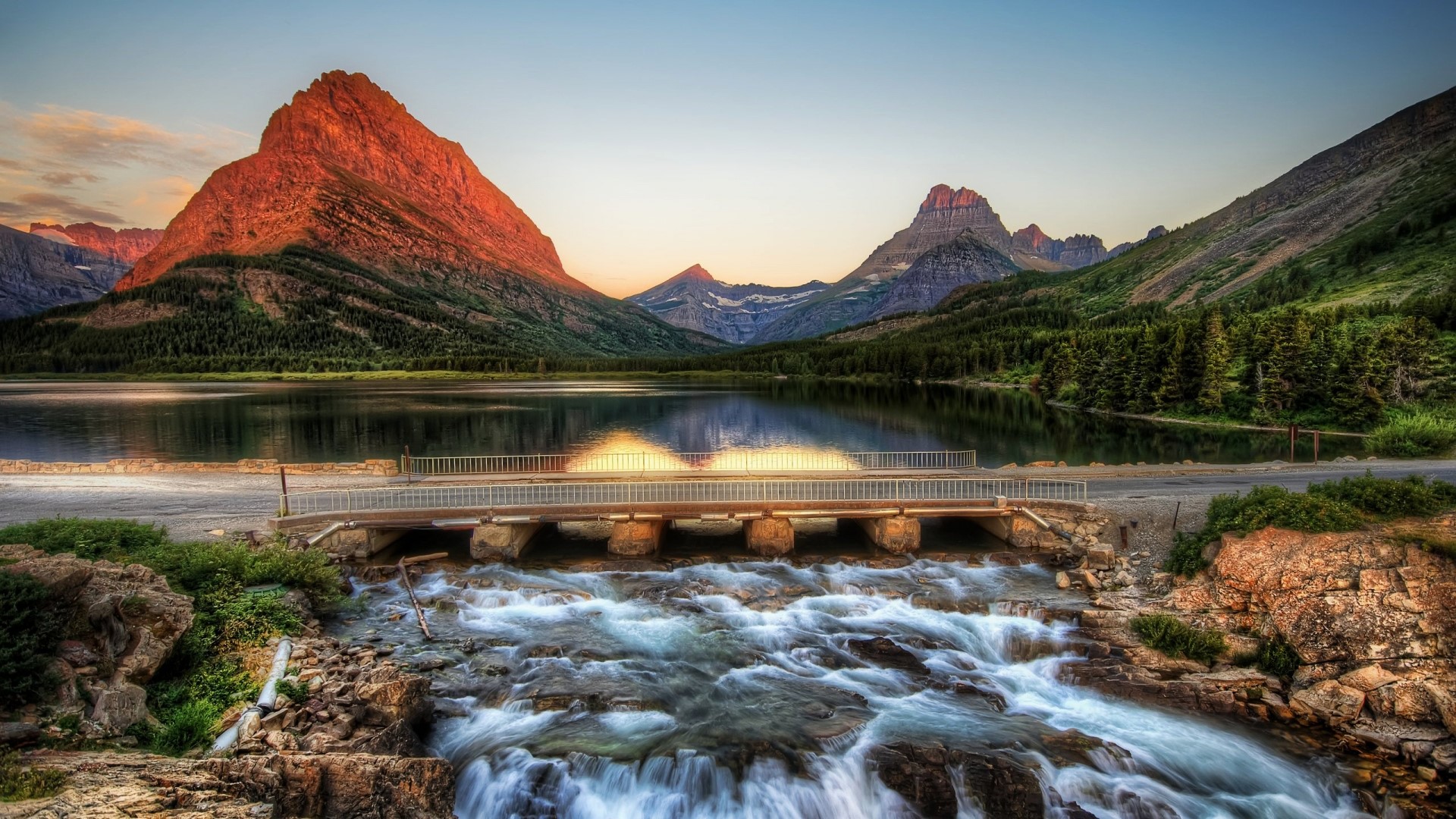 Mountain Lake with Bridge and Waterfall HD Wallpaper