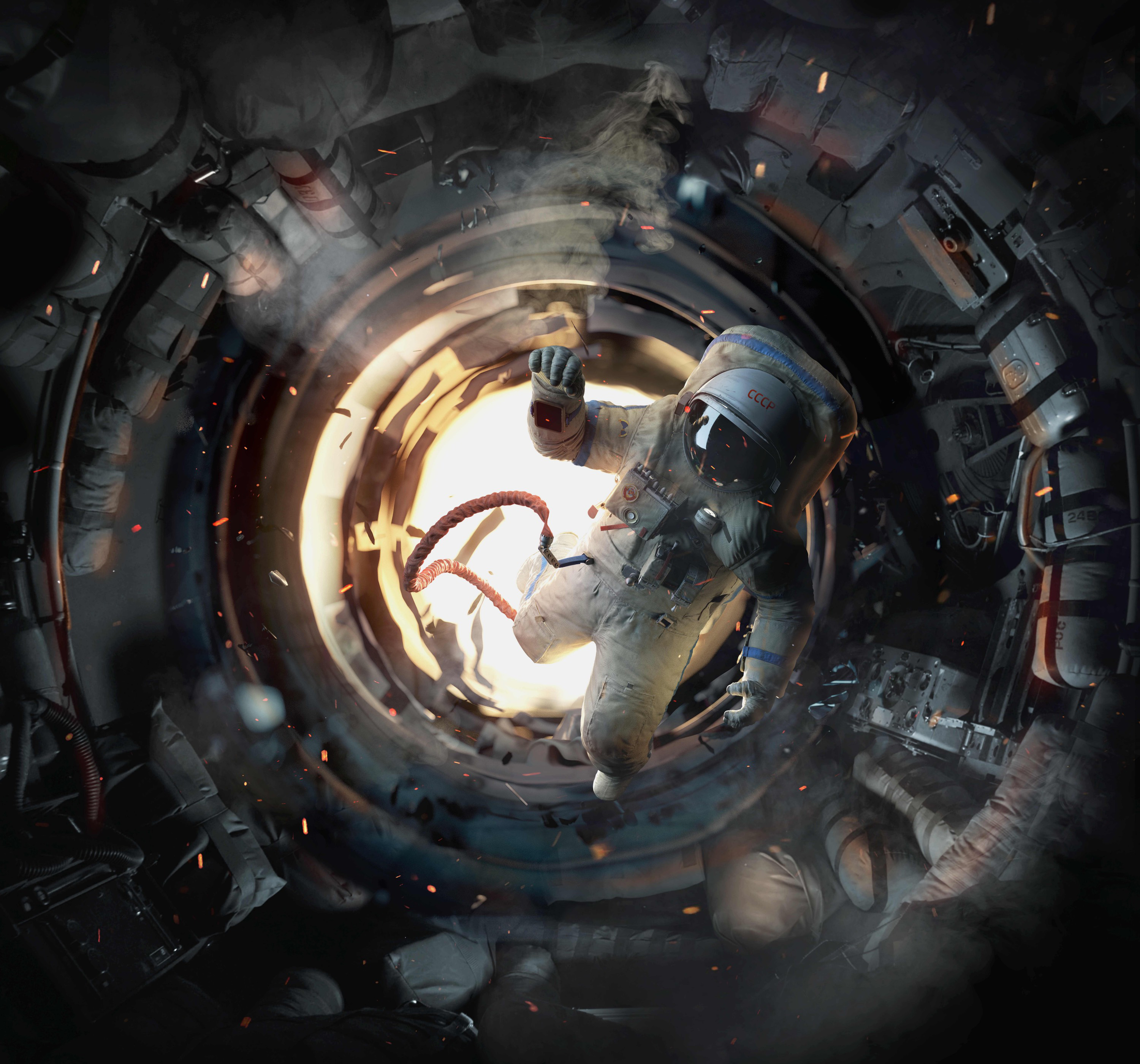 Astronaut floating in a damaged space station tunnel HD Wallpaper