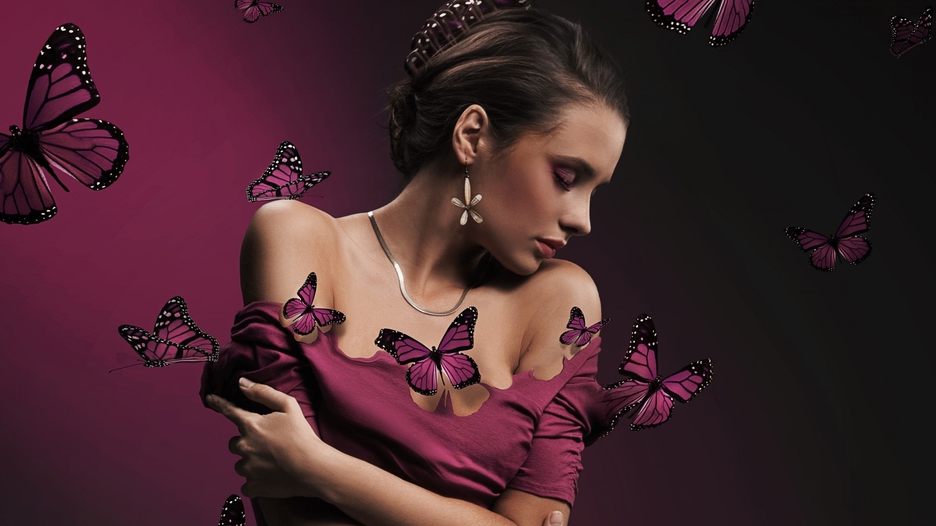 Woman with pink butterflies HD Wallpaper