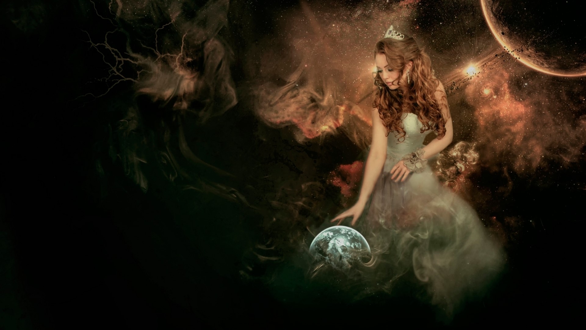 Girl in a dress holding planet Earth in space HD Wallpaper