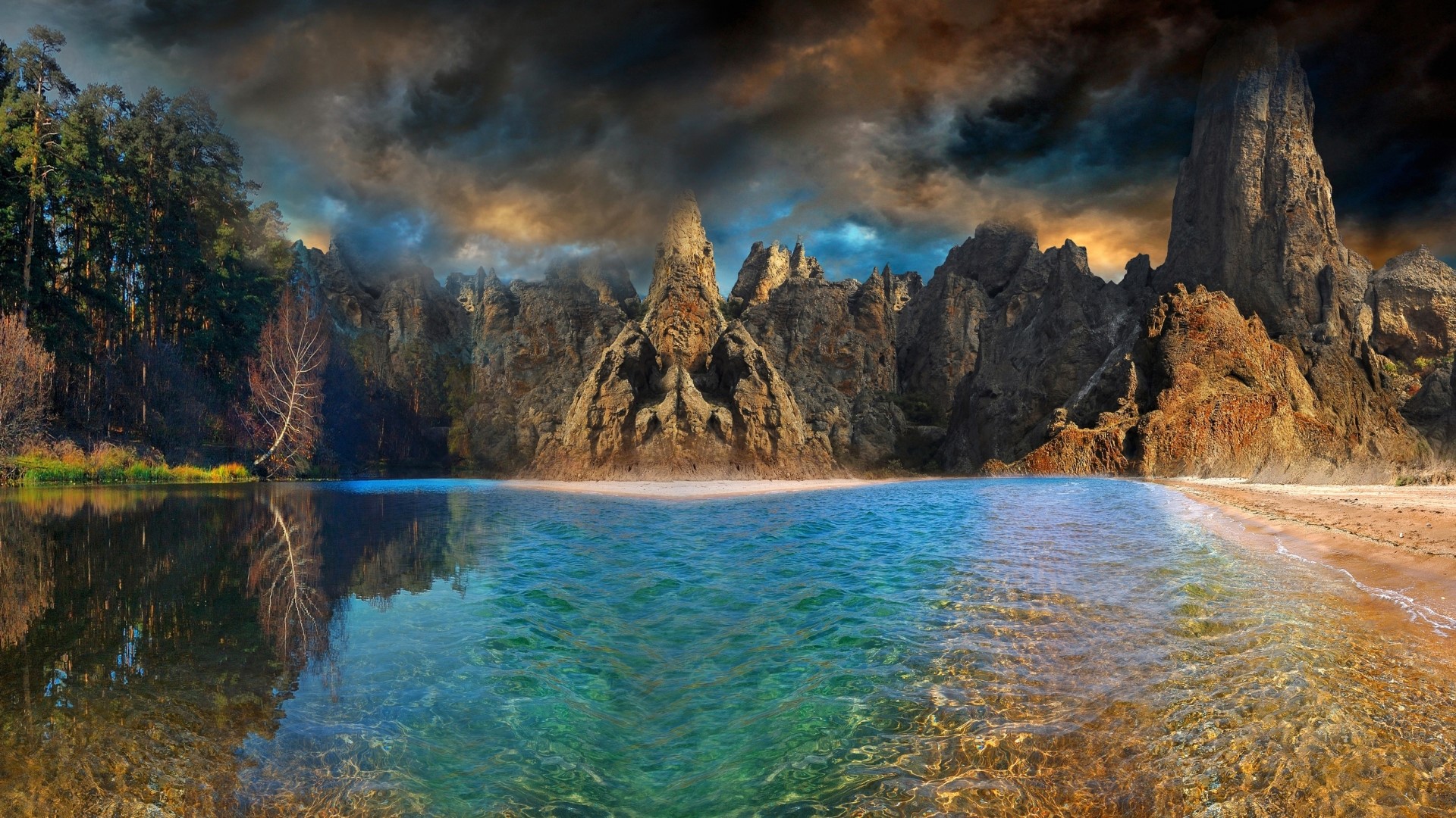 Fantasy landscape with rocky mountains and a lake HD Wallpaper