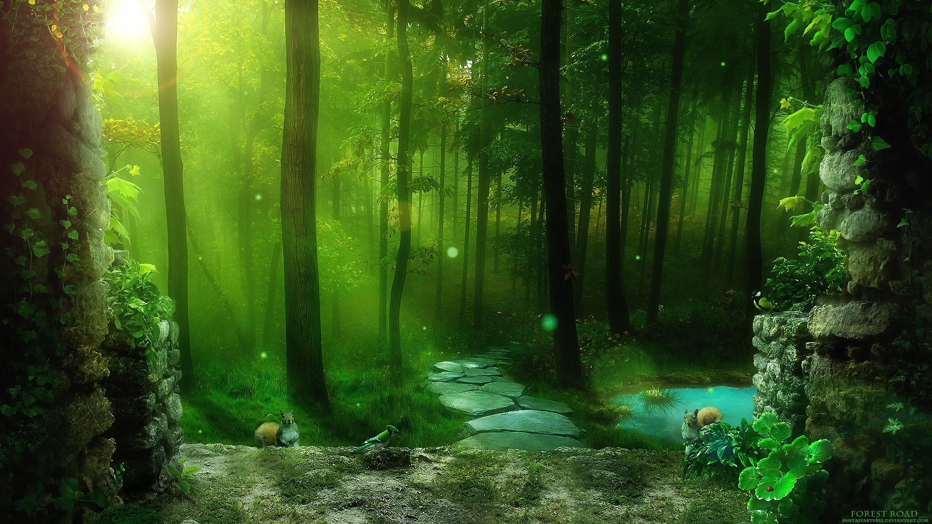 Enchanted Forest Path with Animals HD Wallpaper