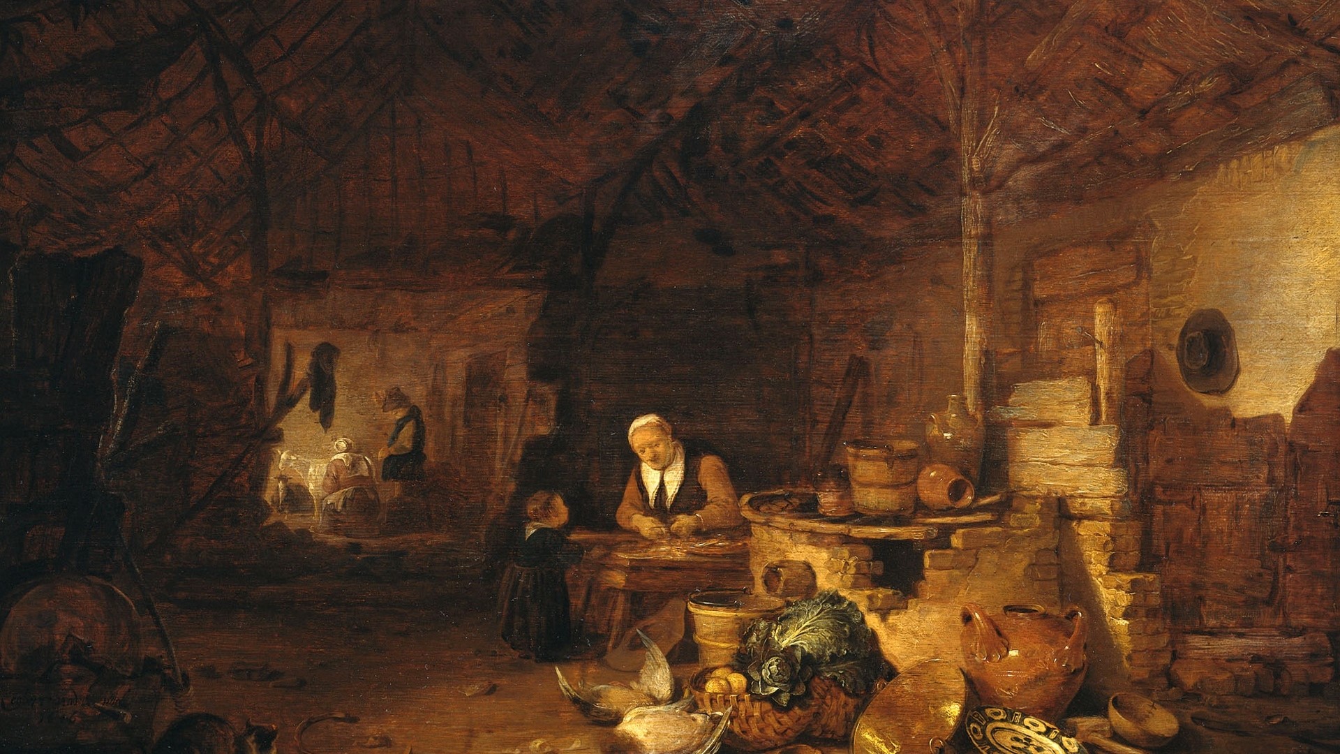 Peasant kitchen interior with figures and food HD Wallpaper