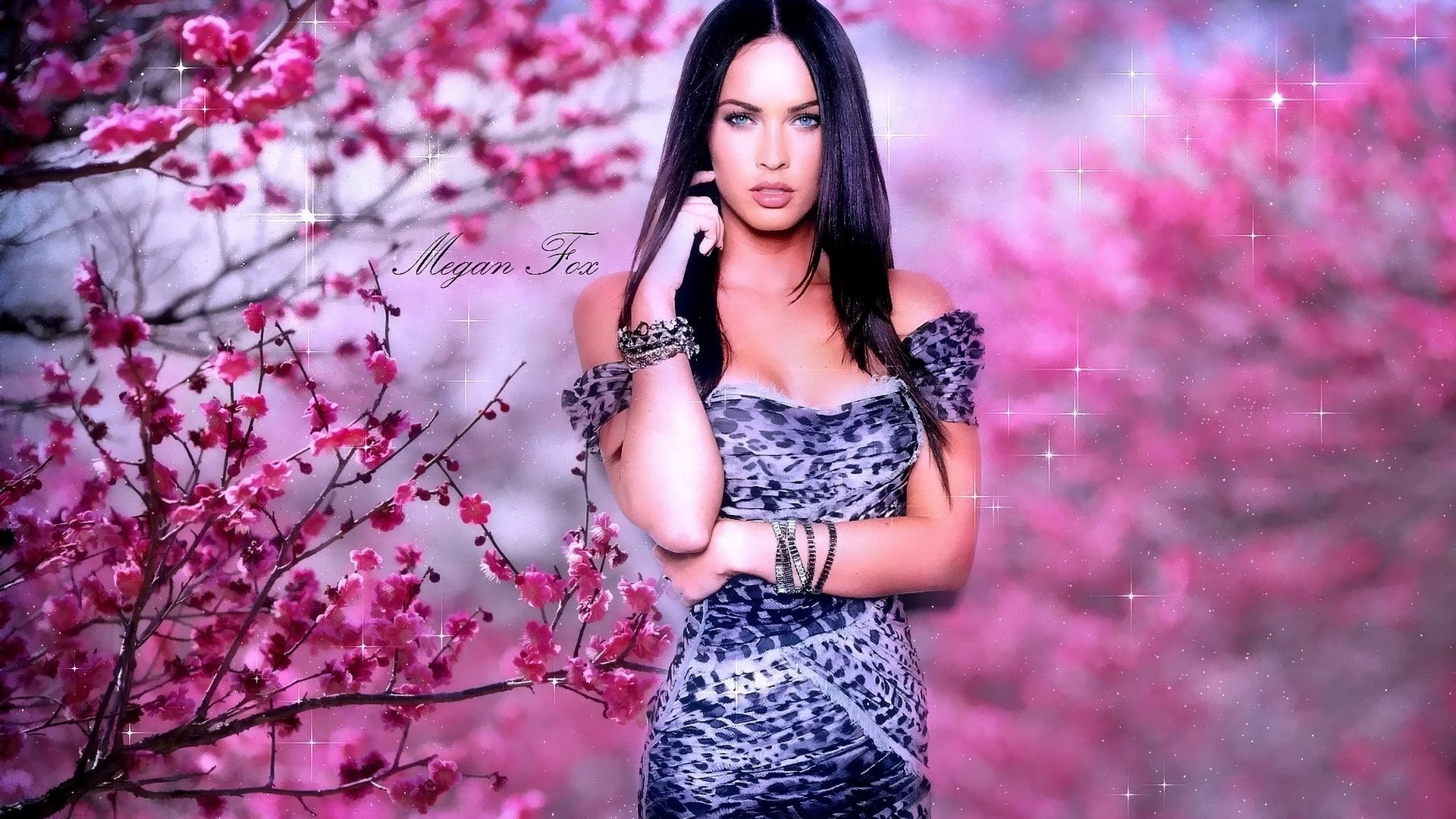 Megan Fox with Pink Cherry Blossoms HD Wallpaper
