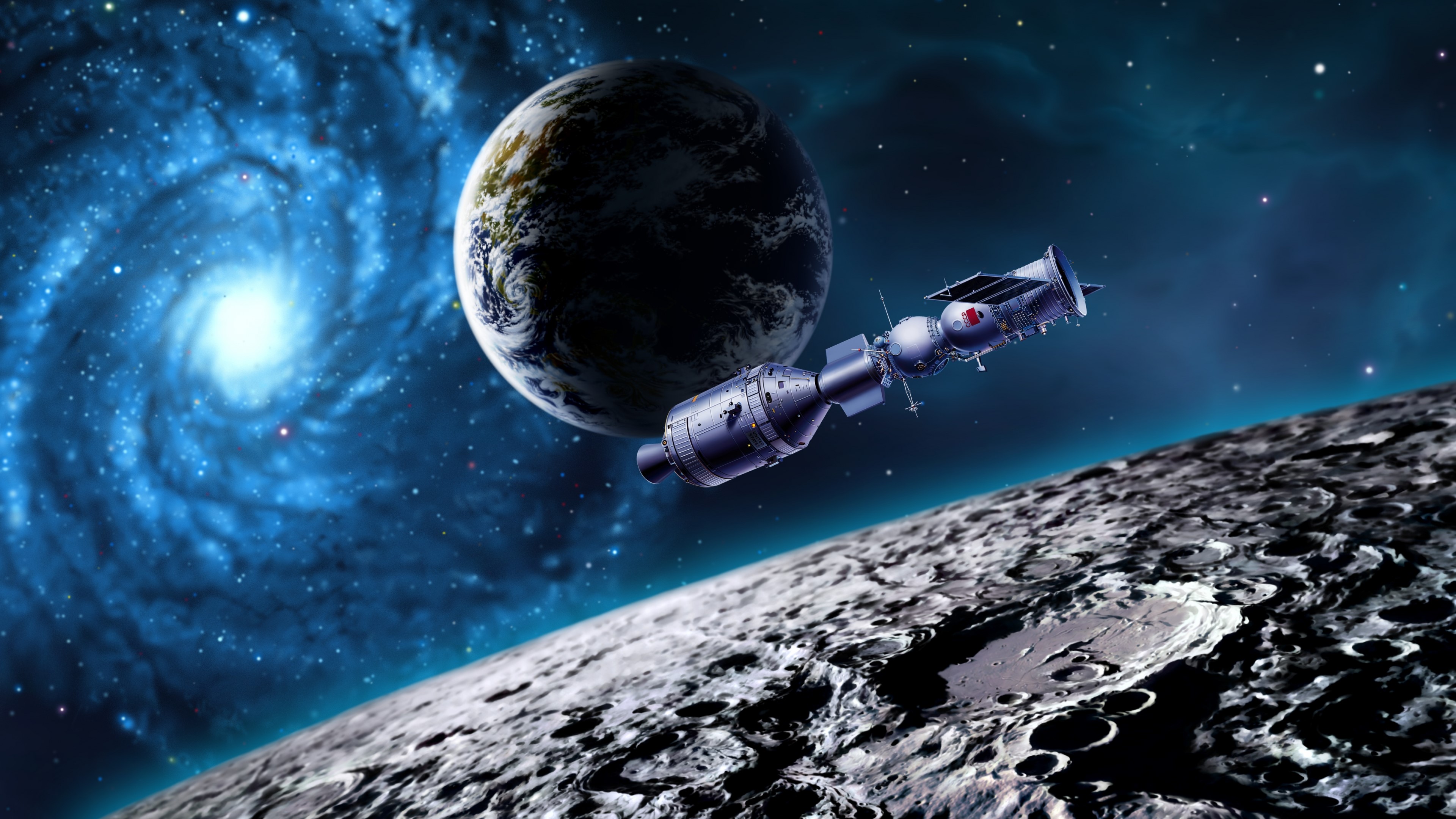 4K Space Scene with Earth, Moon, and Spaceship HD Wallpaper