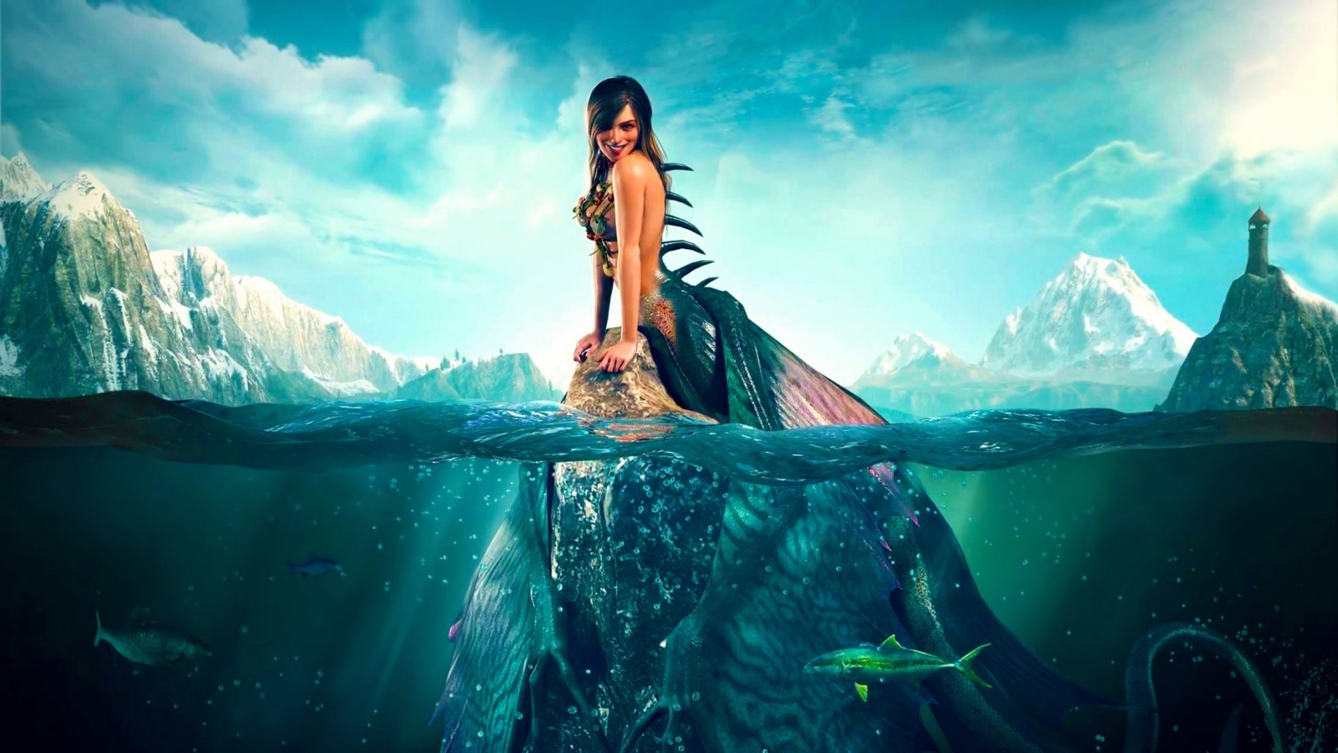 Mermaid sitting on a rock in the ocean HD Wallpaper