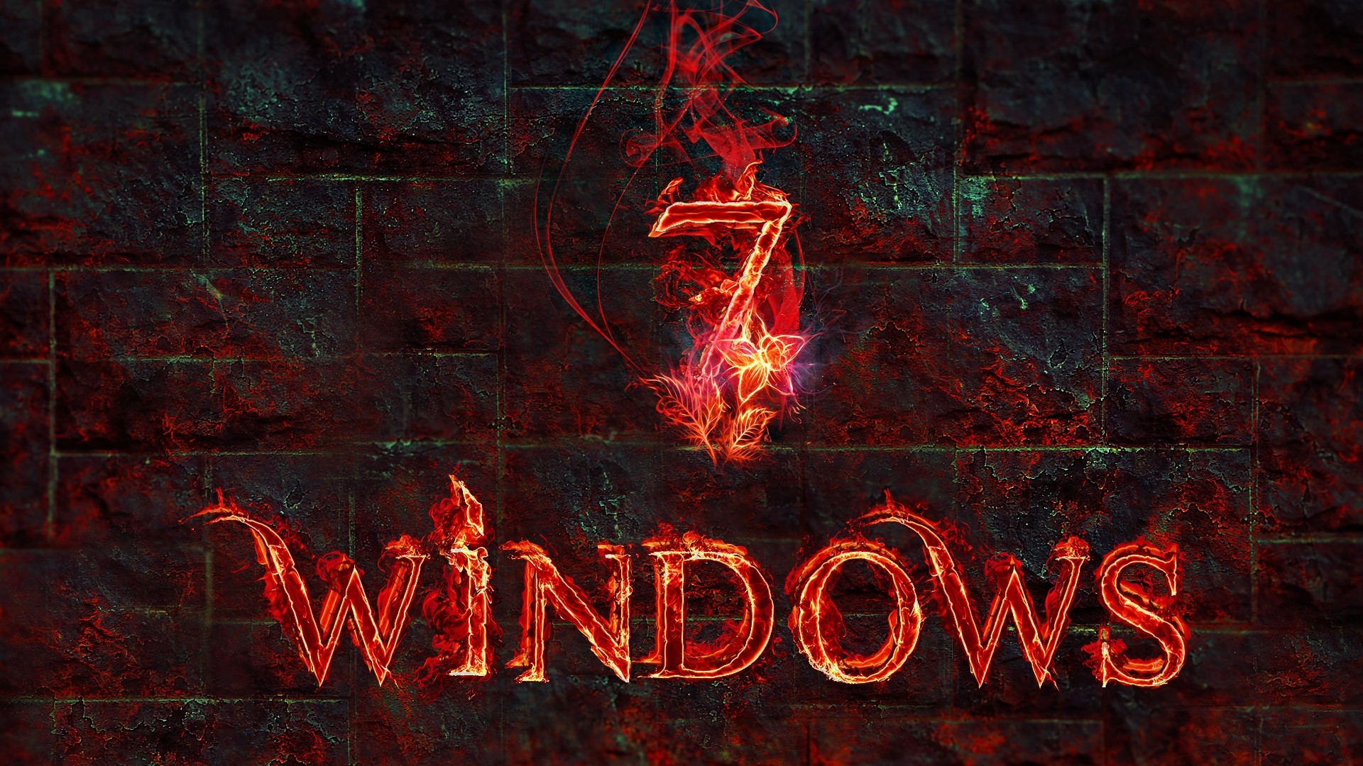 Windows 7 logo with fire and flowers on brick wall HD Wallpaper