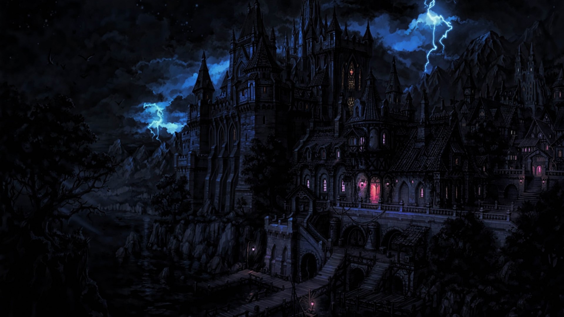 Gothic castle during a lightning storm HD Wallpaper