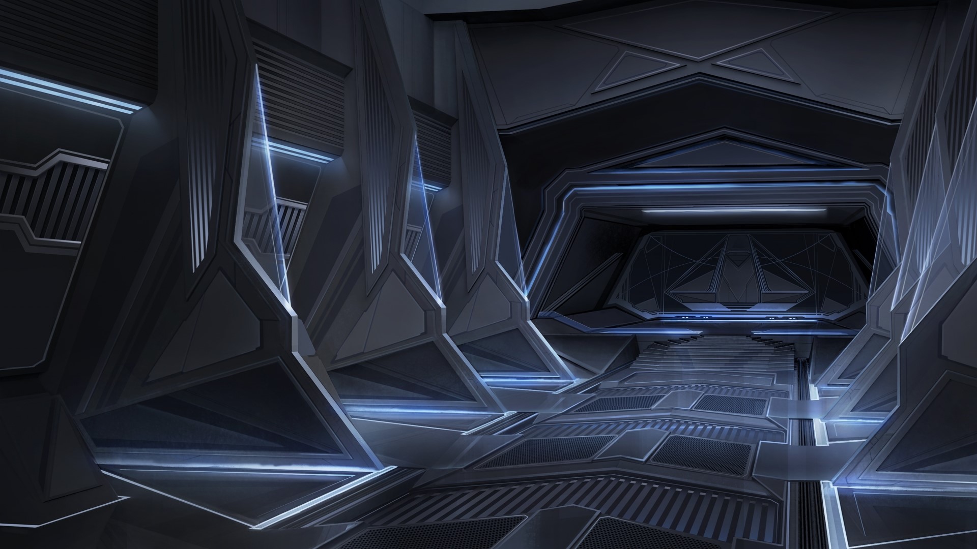 Futuristic interior with geometric architecture and blue lighting HD Wallpaper
